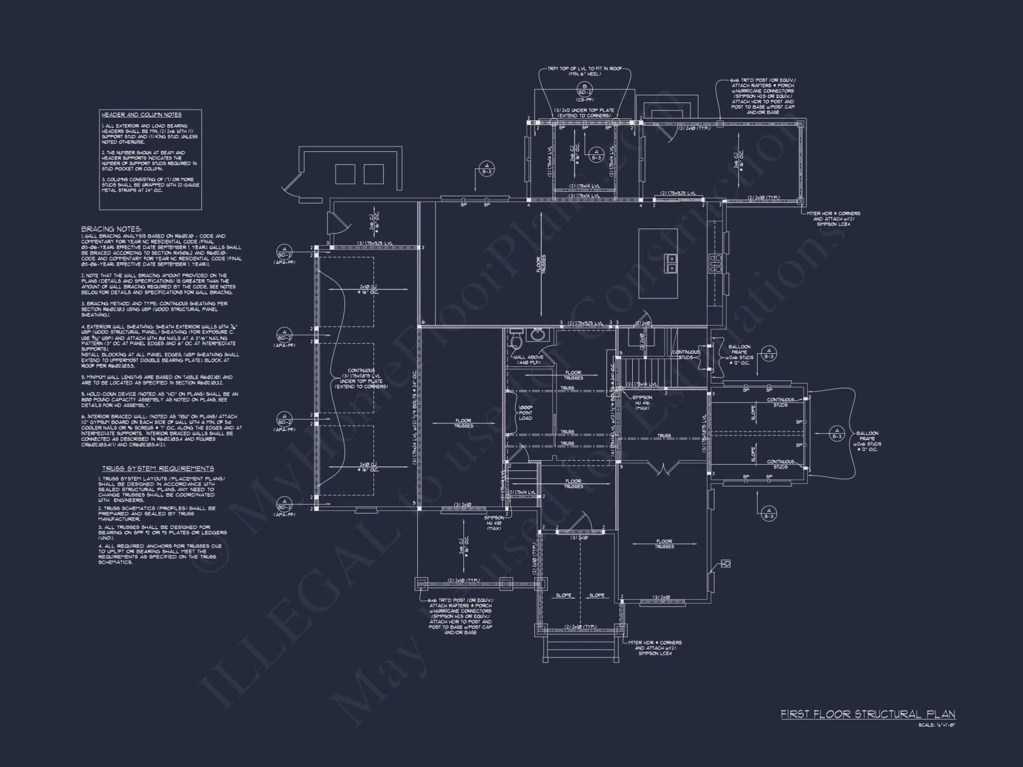Craftsman house Floor Plan with 4 Bedrooms and 3 Garage Bays