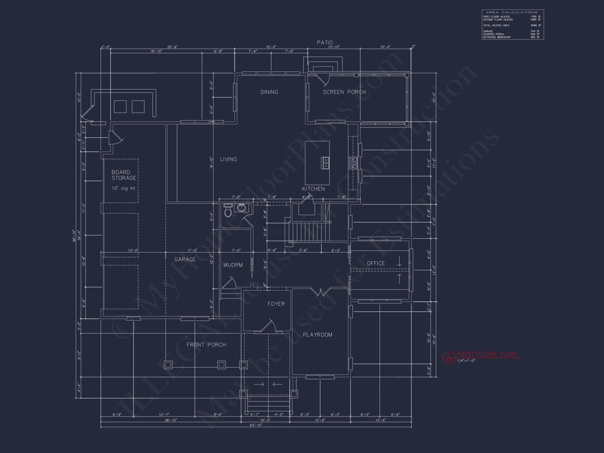 Craftsman house Floor Plan with 4 Bedrooms and 3 Garage Bays