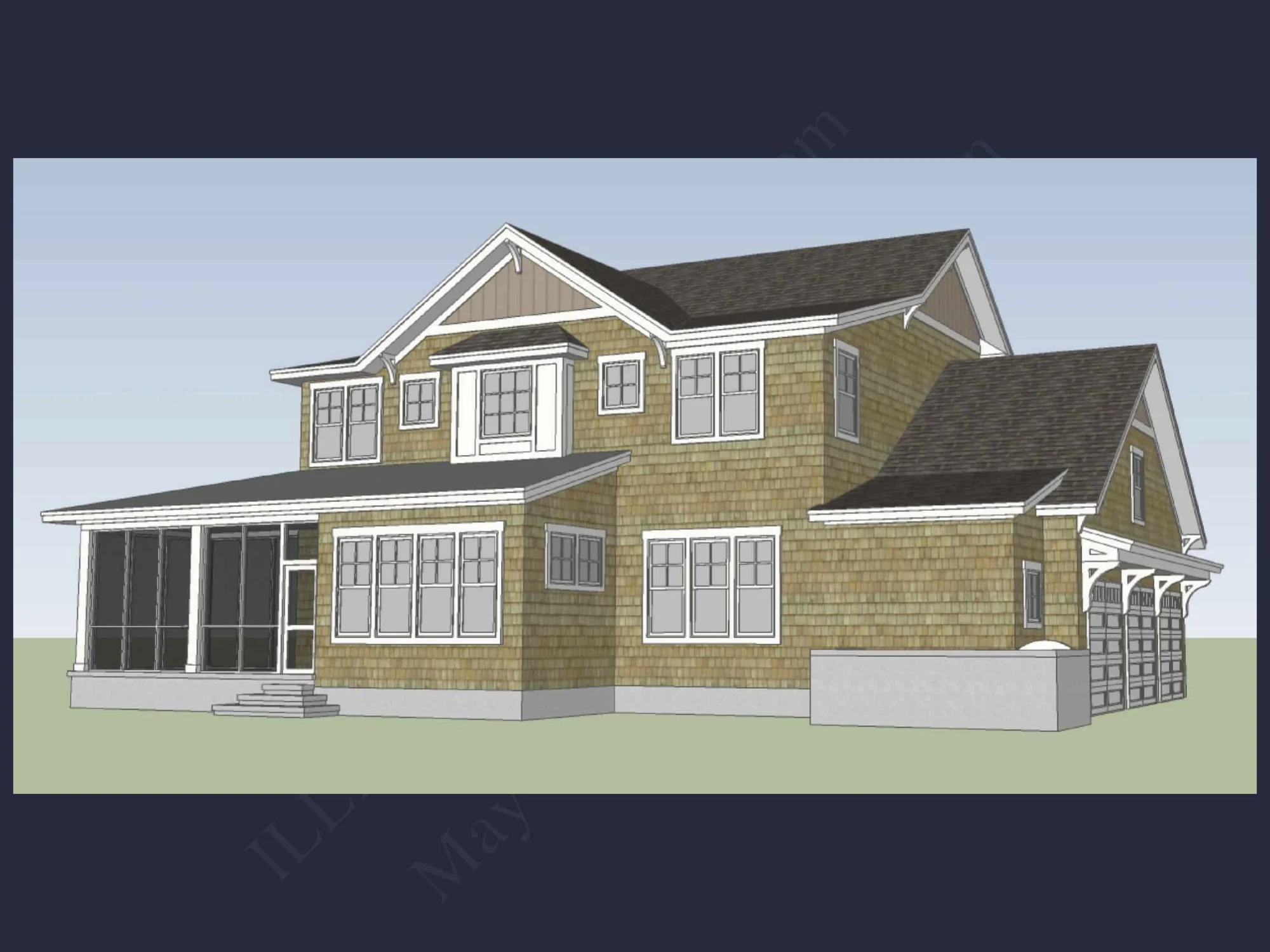 Craftsman house Floor Plan with 4 Bedrooms and 3 Garage Bays