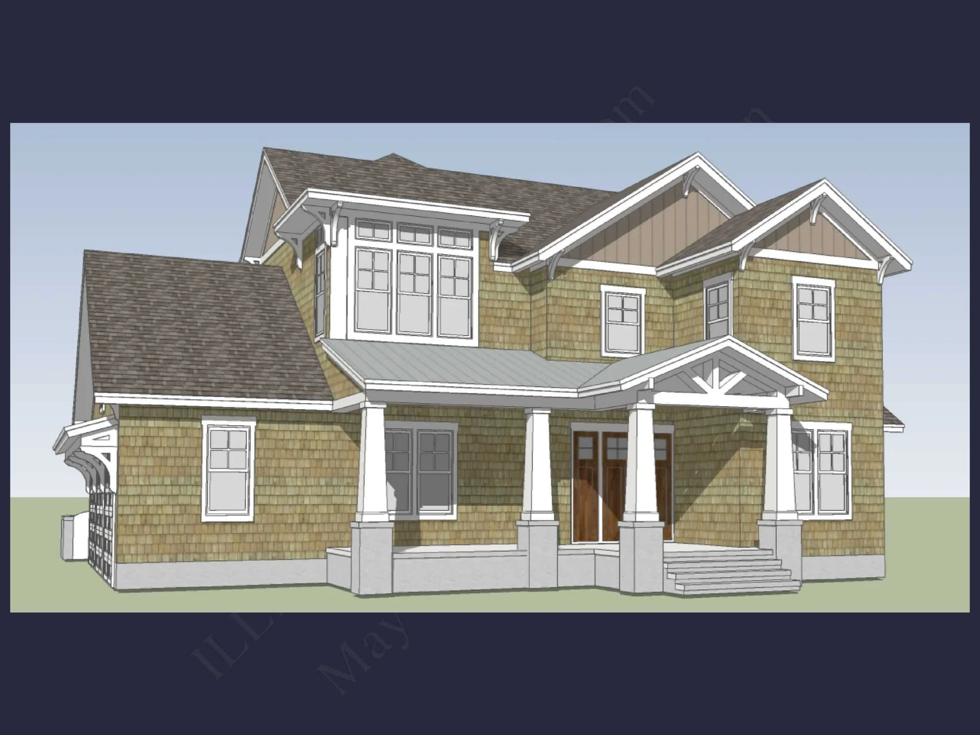 Craftsman house Floor Plan with 4 Bedrooms and 3 Garage Bays
