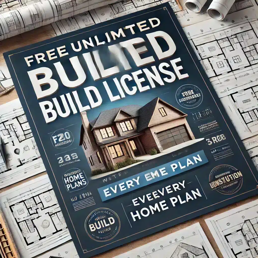 DALL%C2%B7E 2025 03 20 05.43.08 A professional promotional graphic featuring the text Free Unlimited Build License with Every Home Plan in bold modern typography. The background i