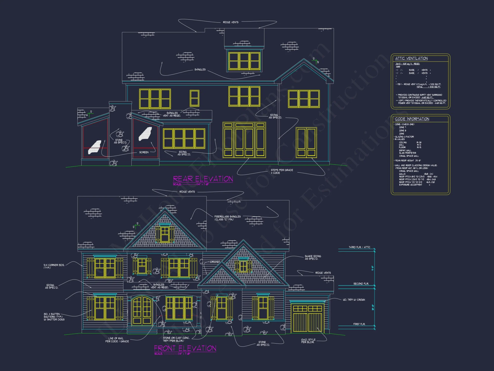 Customizable house Plan with 4 Beds, 2.5 Floors, CAD Blueprint