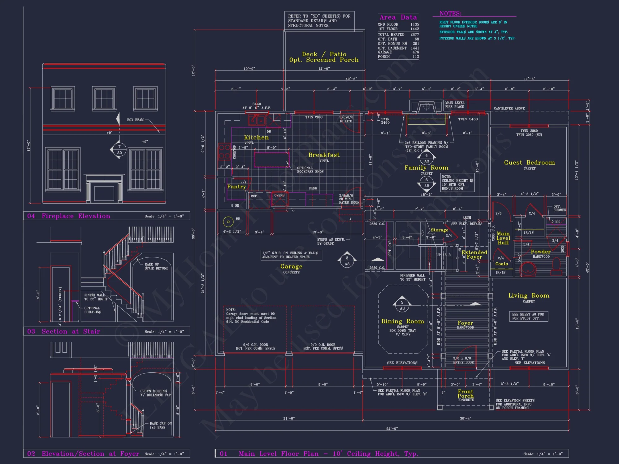 Colonial Revival house Plan - 4 Bed, 4 Bath, with CAD Designs