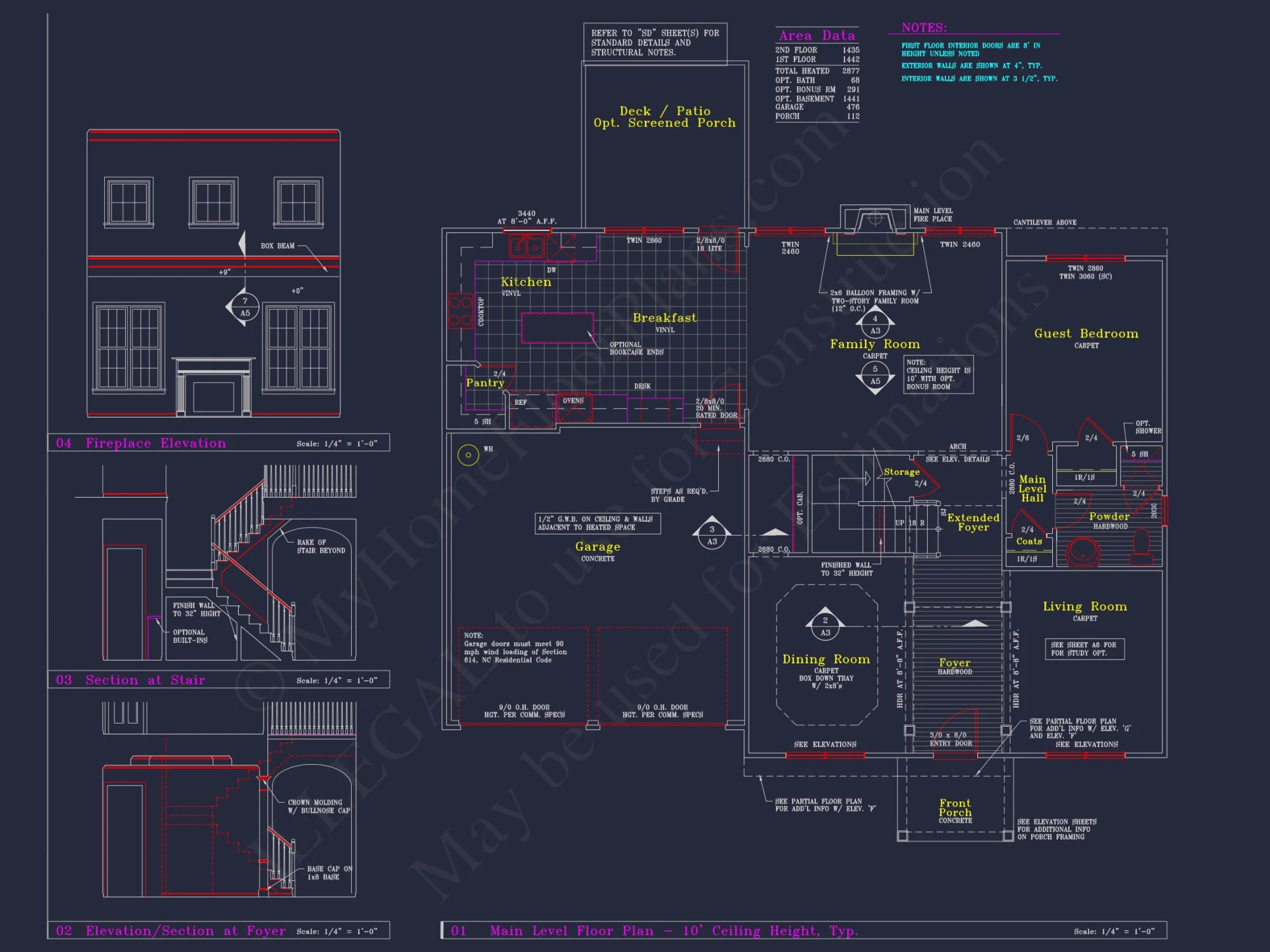 Colonial Revival house Plan - 4 Bed, 4 Bath, with CAD Designs