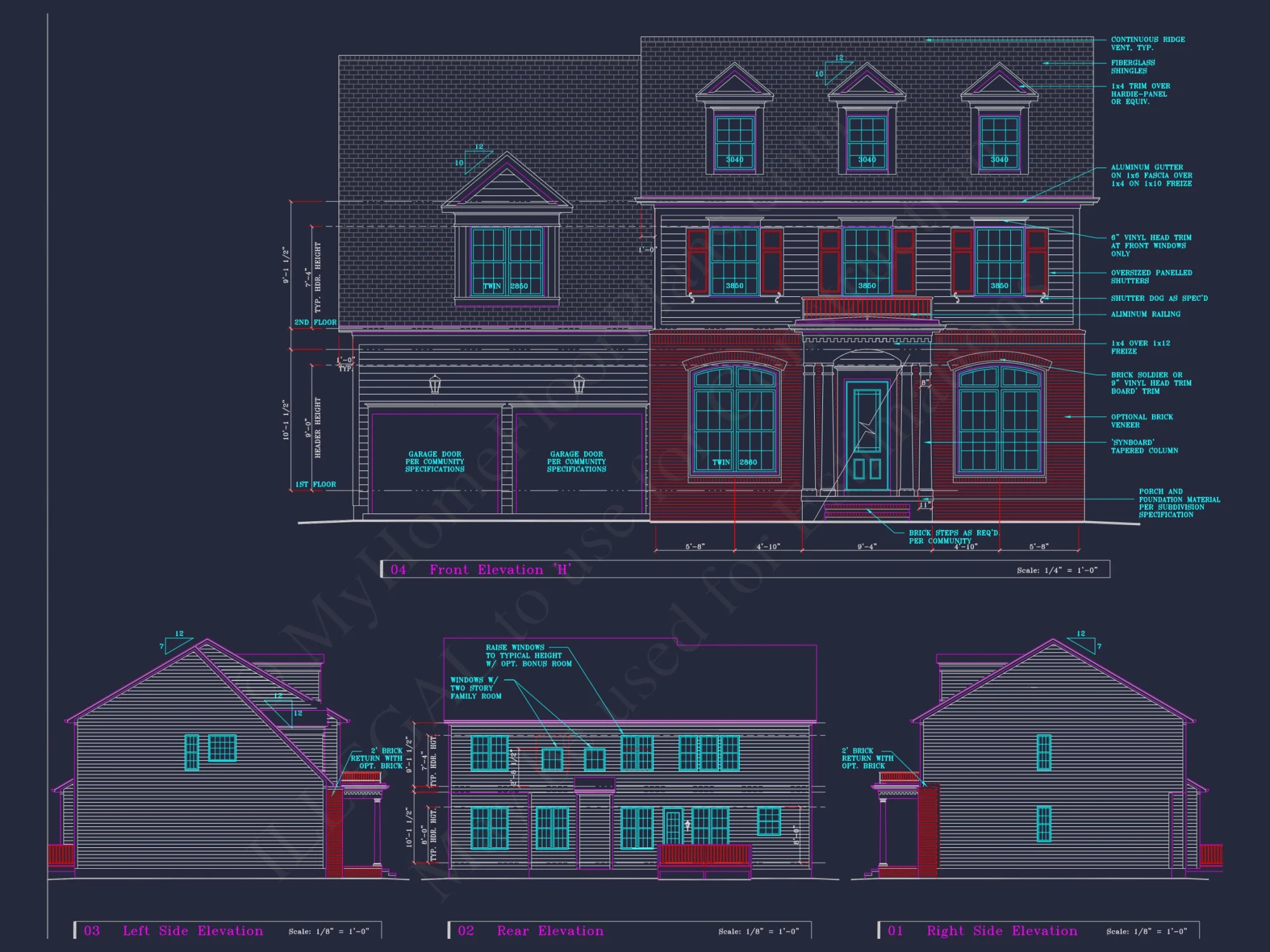 Colonial Revival house Plan - 4 Bed, 4 Bath, with CAD Designs