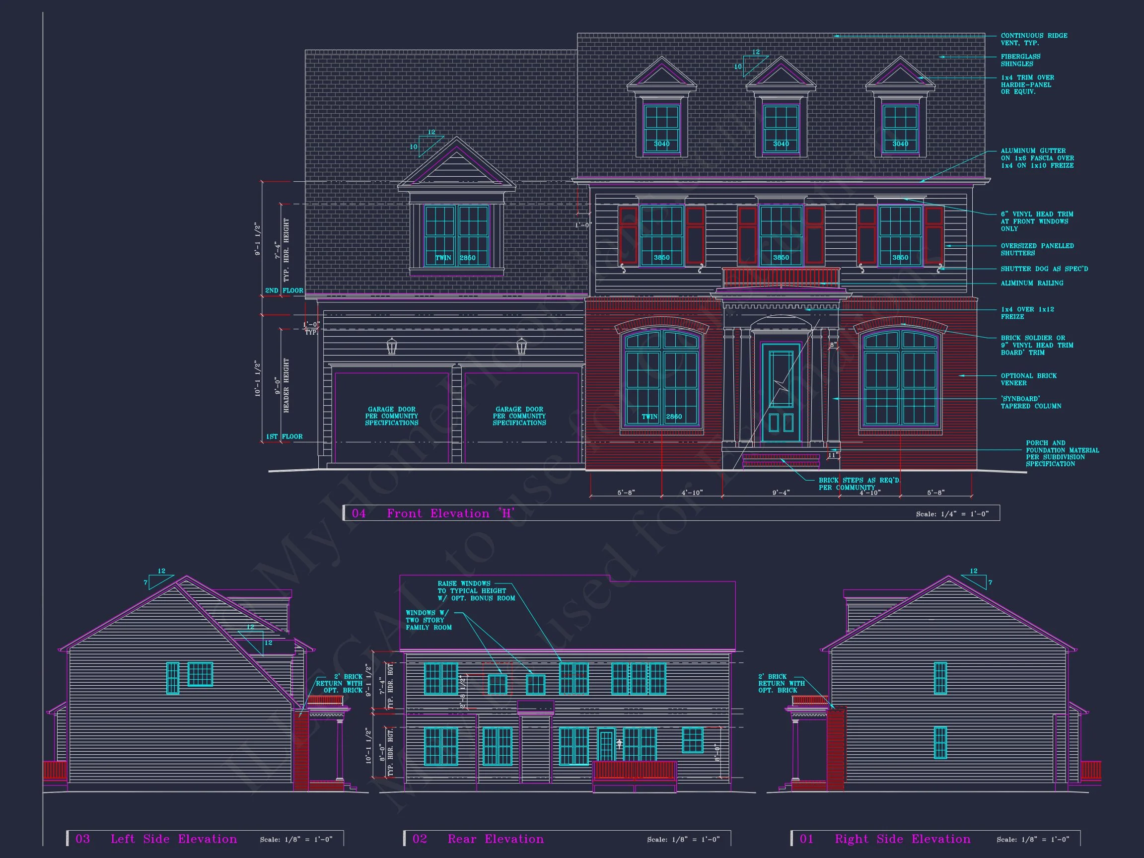 Colonial Revival house Plan - 4 Bed, 4 Bath, with CAD Designs