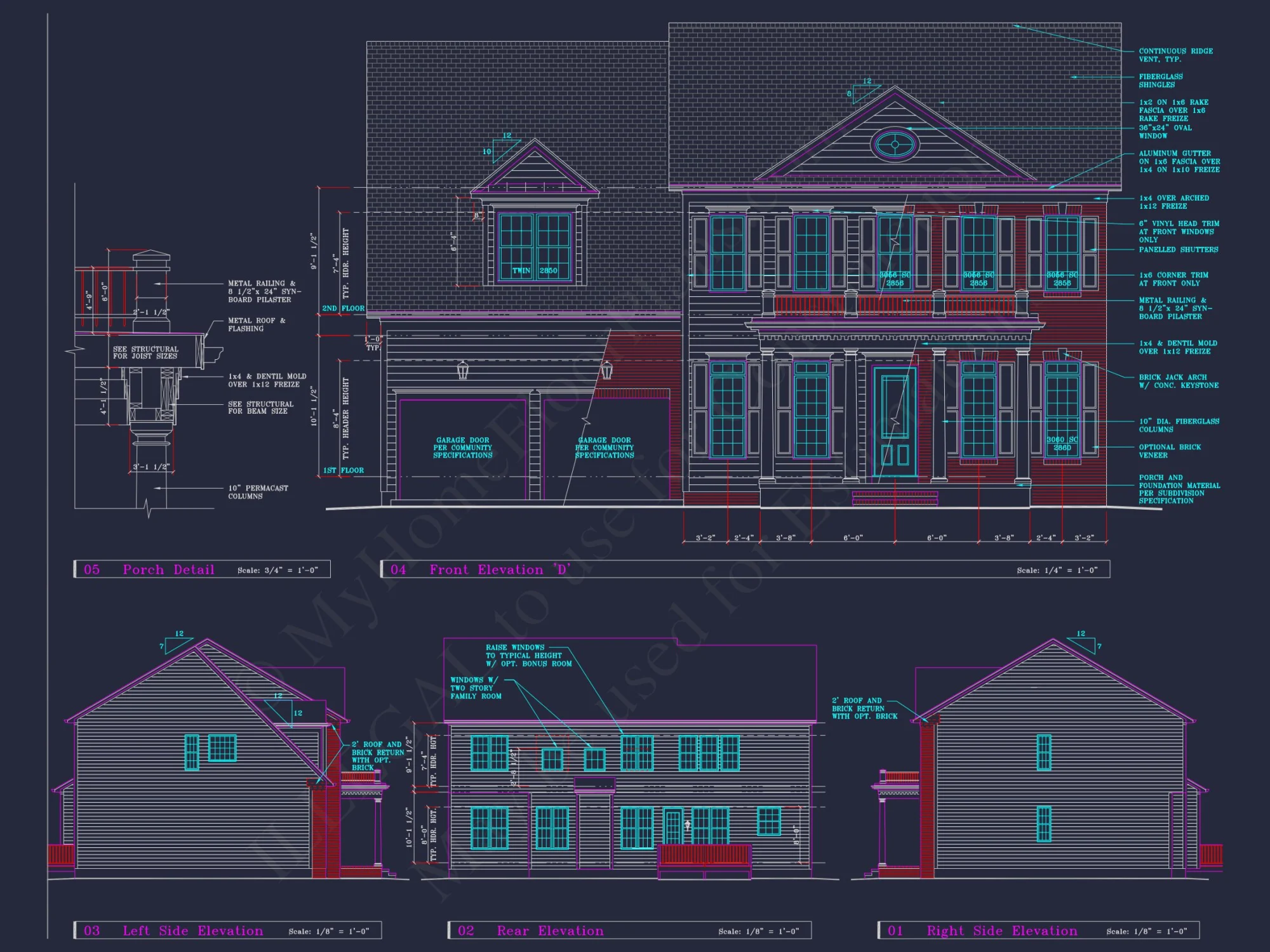 Colonial Revival house Plan - 4 Bed, 4 Bath, with CAD Designs