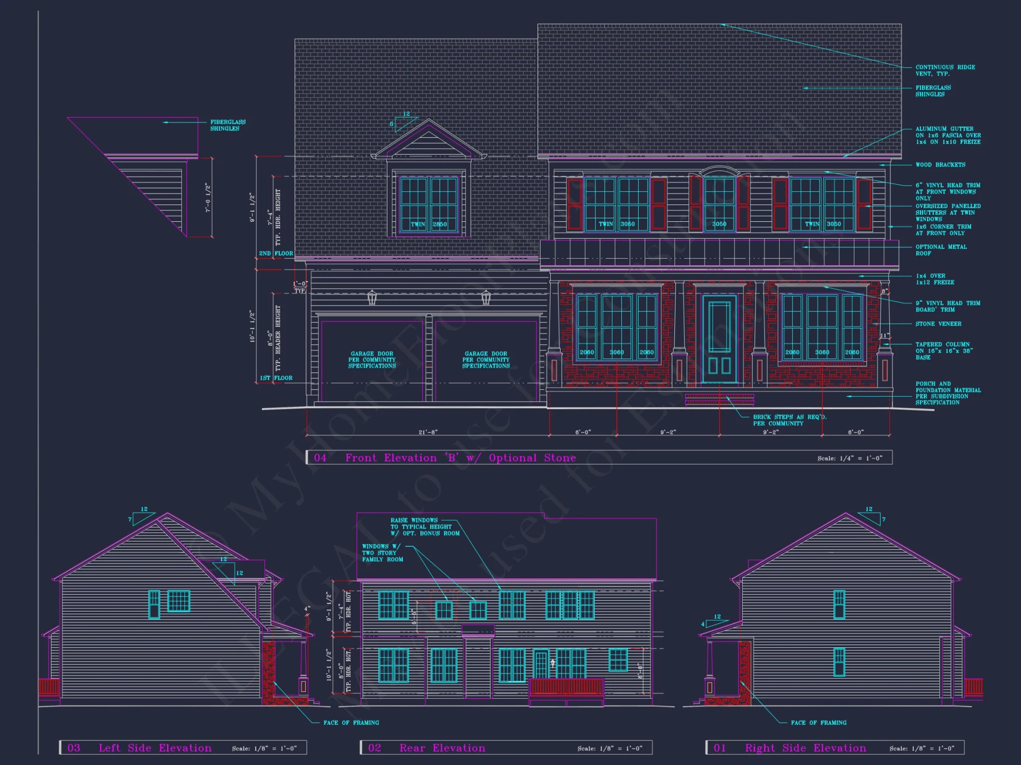 Colonial Revival house Plan - 4 Bed, 4 Bath, with CAD Designs