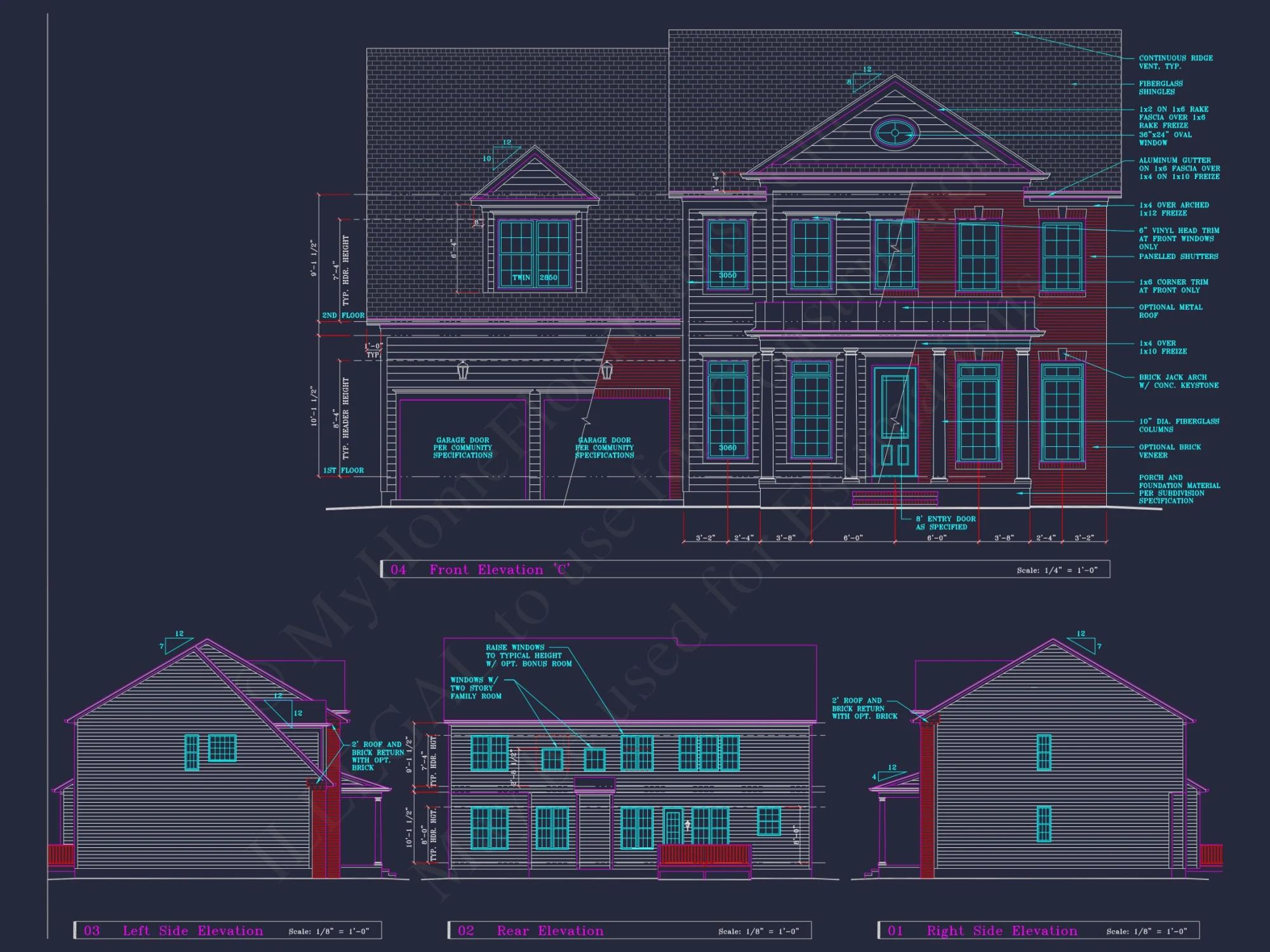 Colonial Revival house Plan - 4 Bed, 4 Bath, with CAD Designs