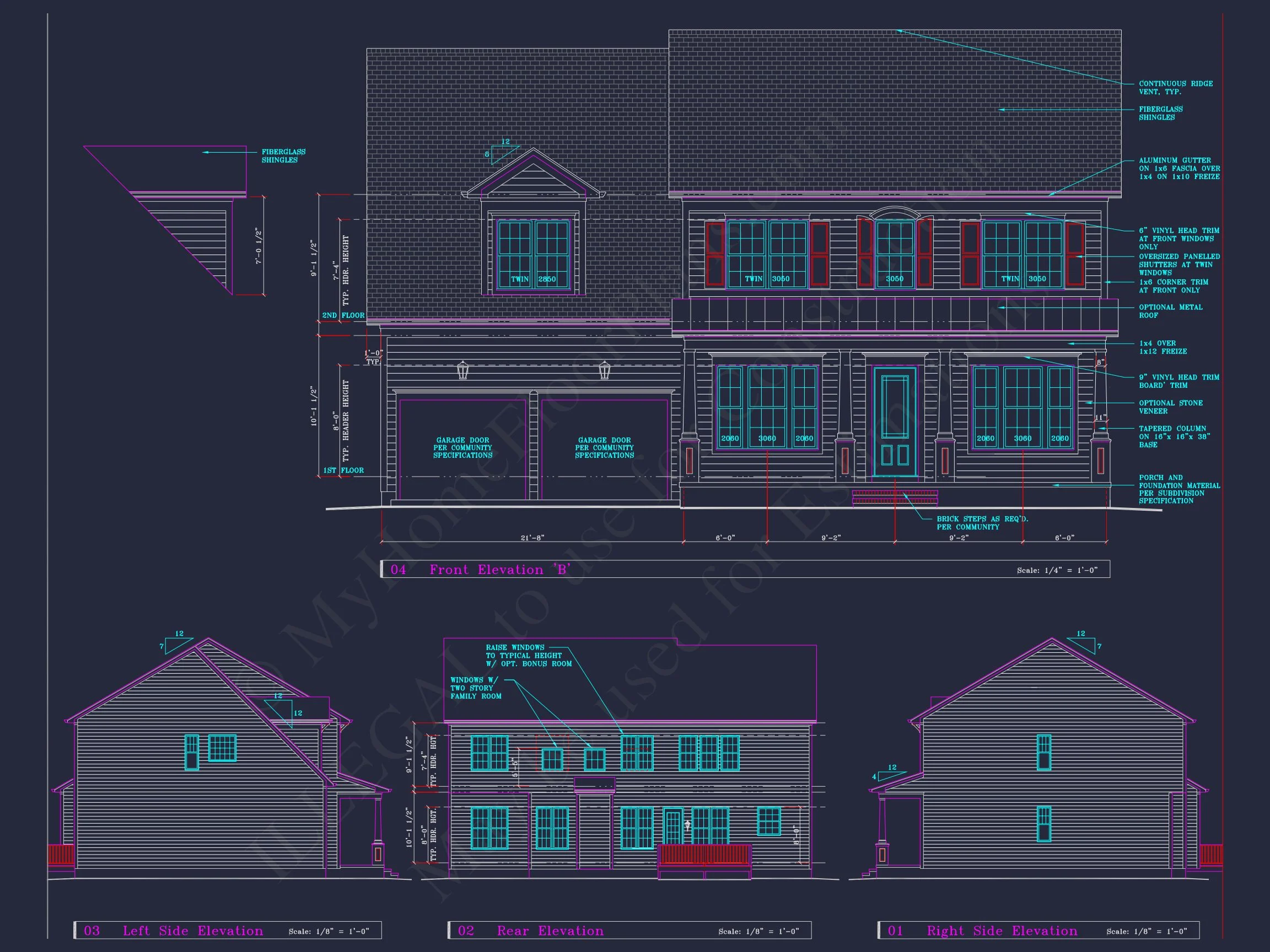 Colonial Revival house Plan - 4 Bed, 4 Bath, with CAD Designs
