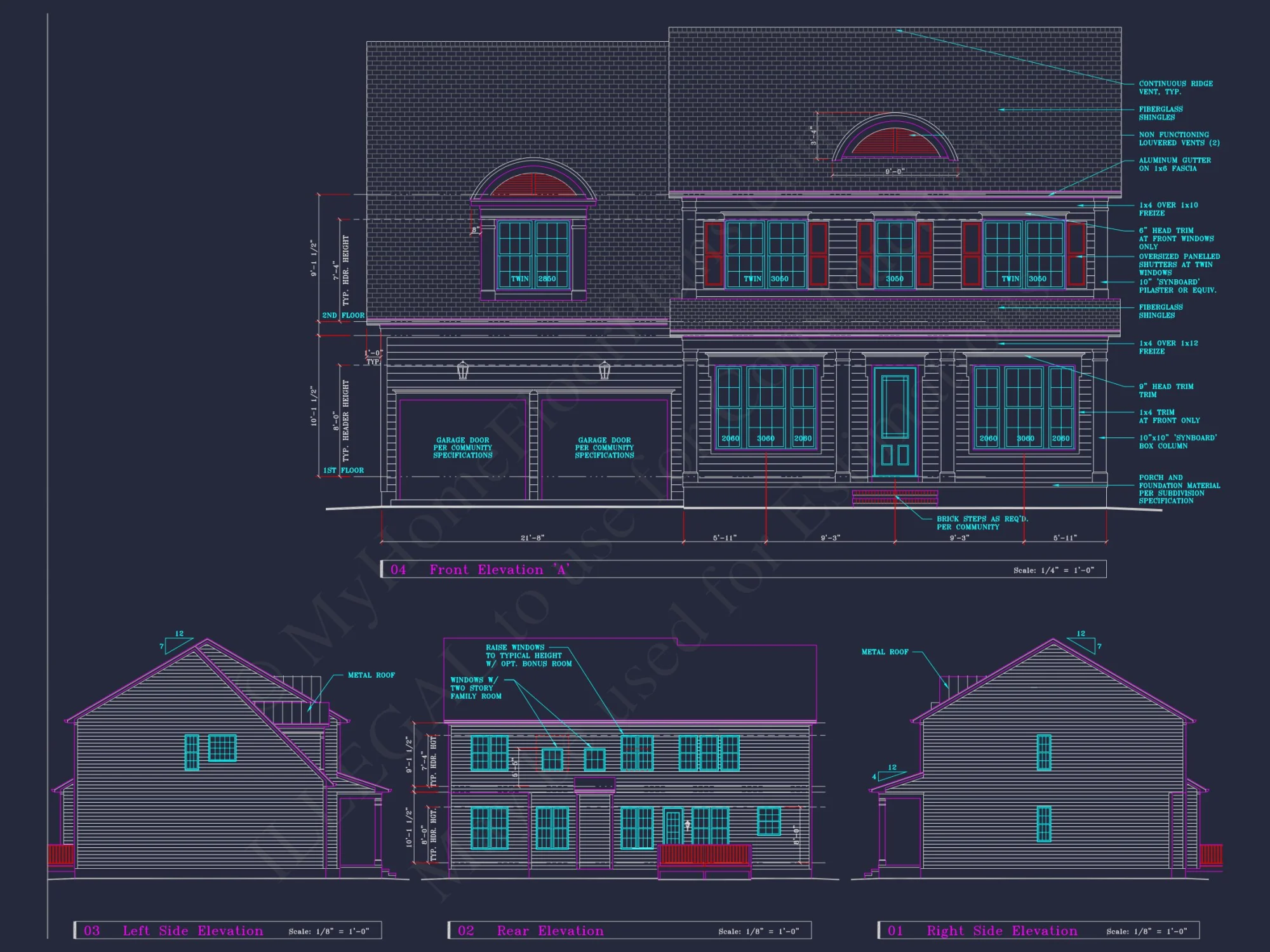 Colonial Revival house Plan - 4 Bed, 4 Bath, with CAD Designs