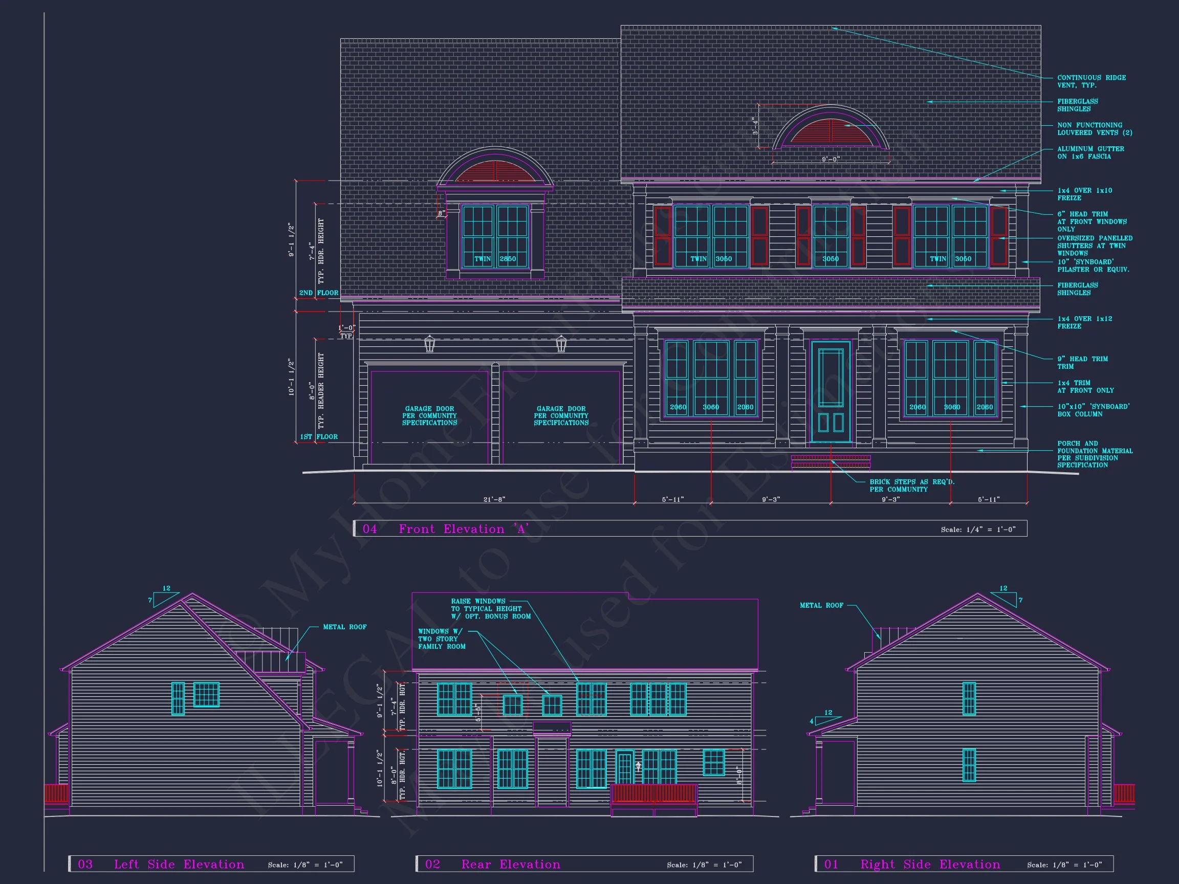 Colonial Revival house Plan - 4 Bed, 4 Bath, with CAD Designs