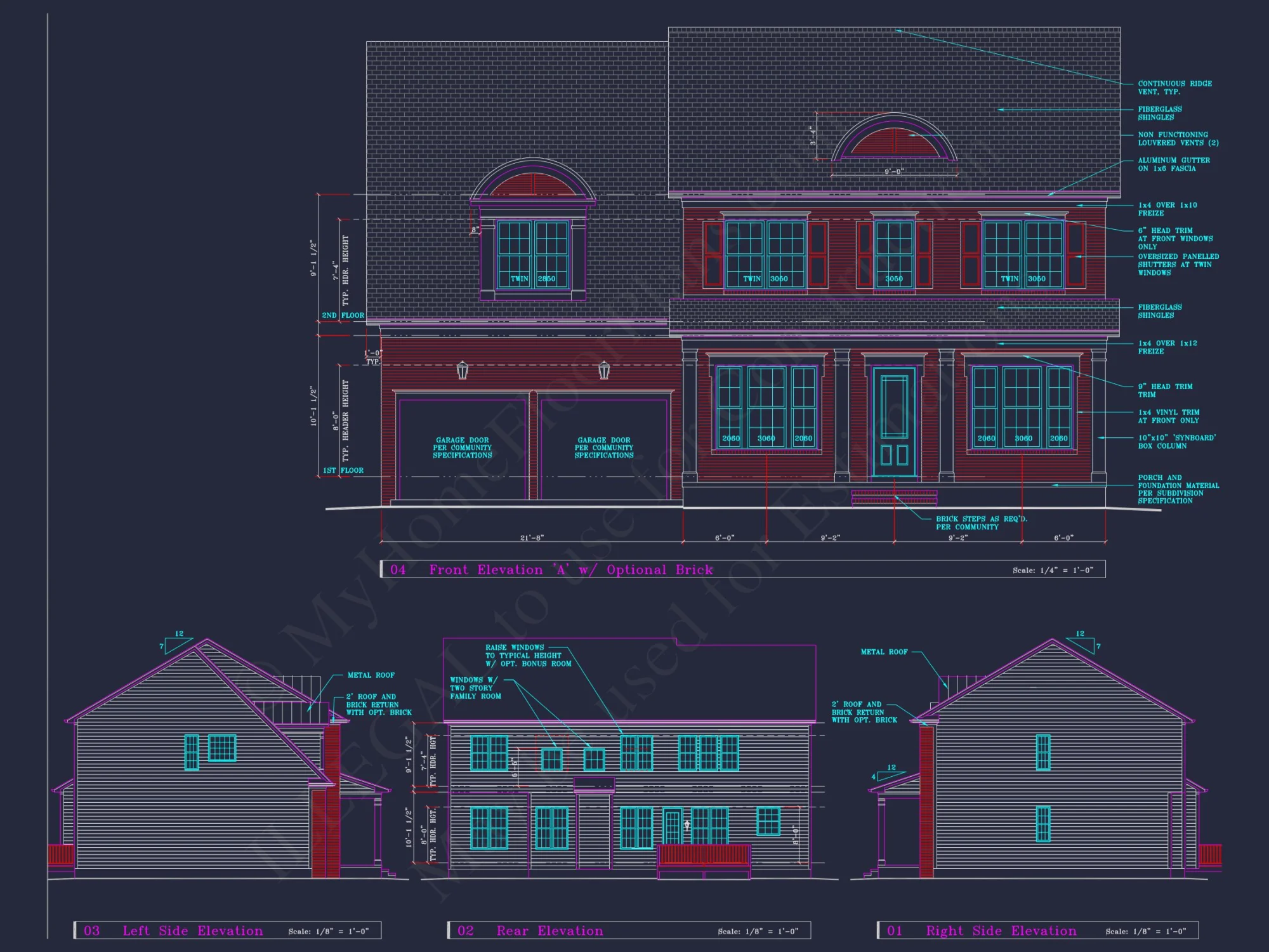 Colonial Revival house Plan - 4 Bed, 4 Bath, with CAD Designs