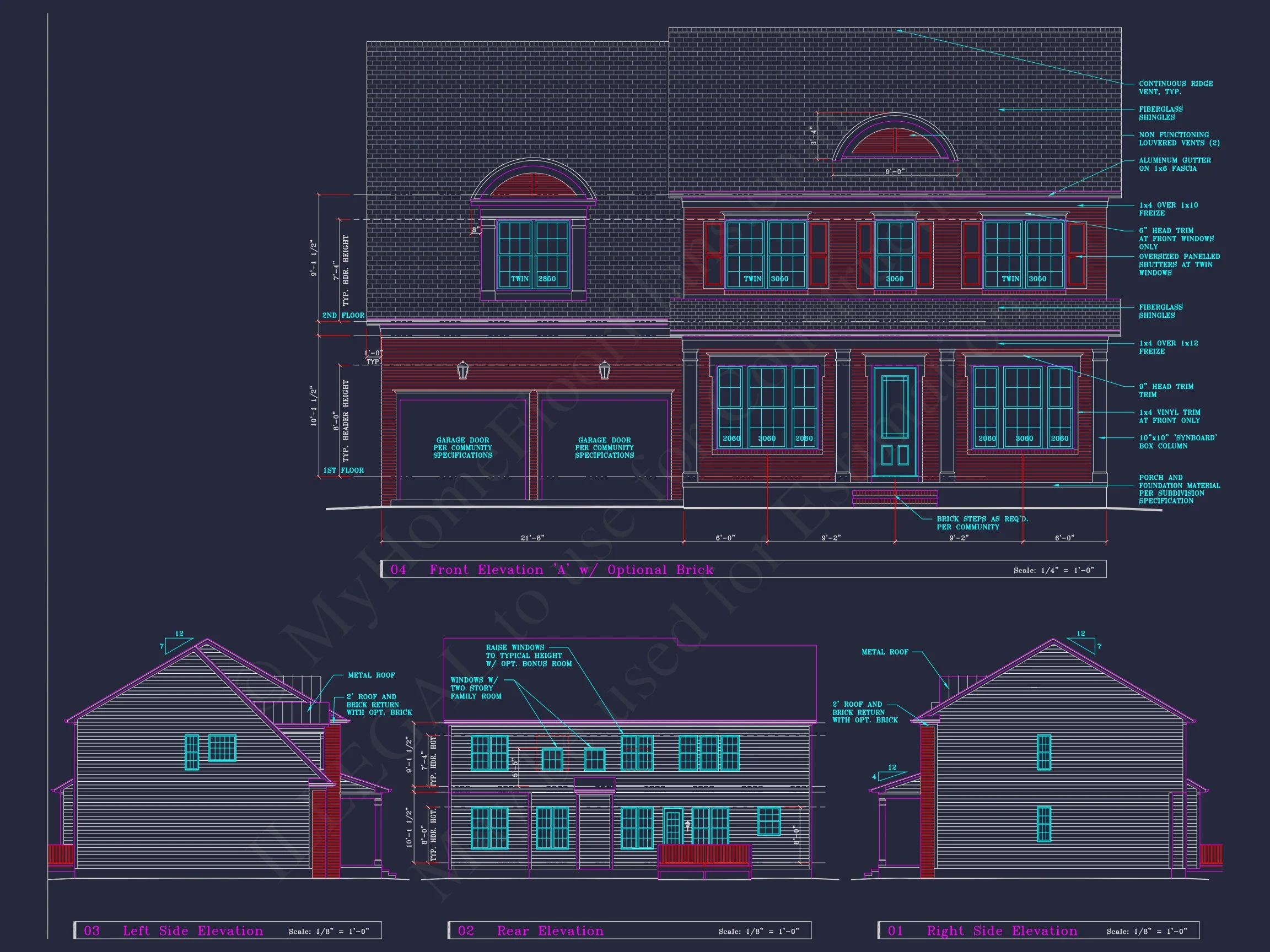 Colonial Revival house Plan - 4 Bed, 4 Bath, with CAD Designs