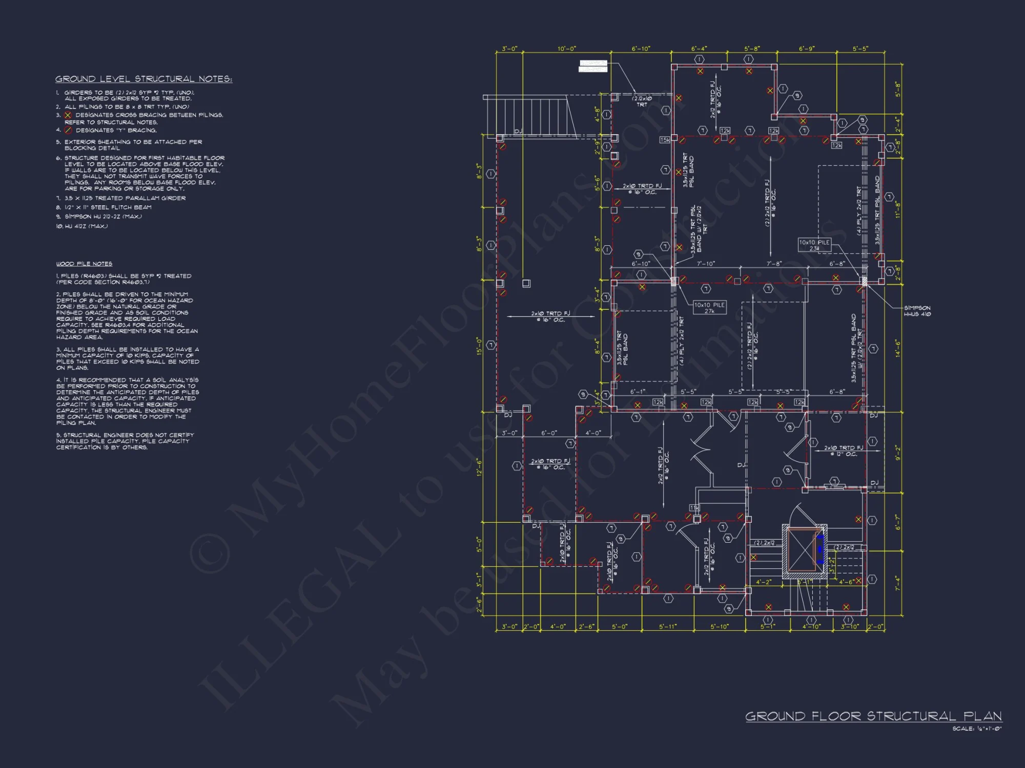 Coastal 4-Story house Floor Plan: 4 Bed, 4 Bath, CAD