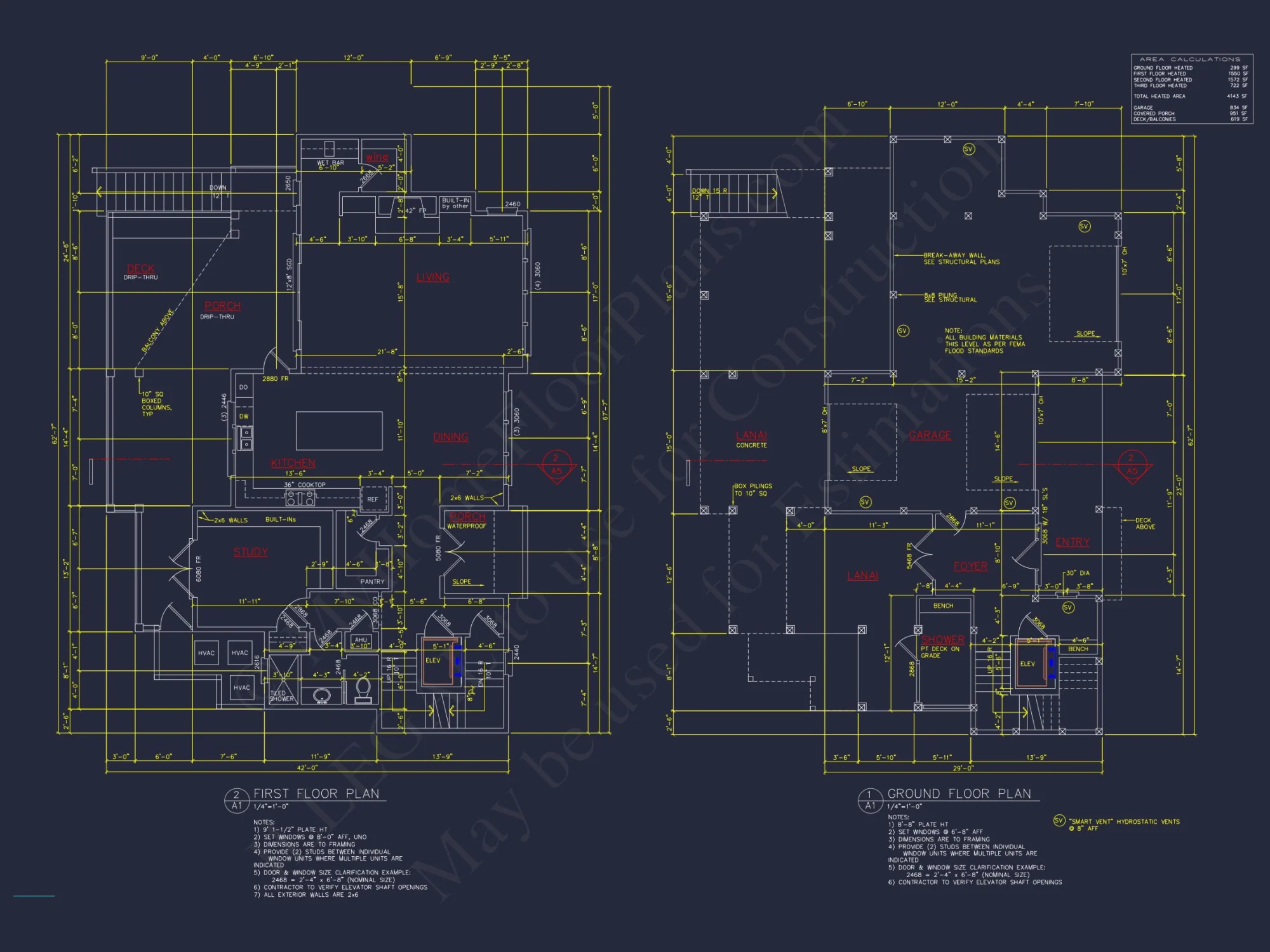 Coastal 4-Story house Floor Plan: 4 Bed, 4 Bath, CAD