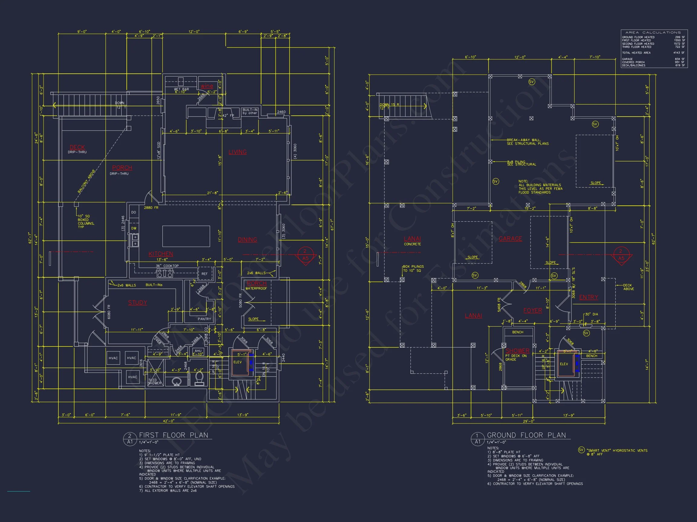 Coastal 4-Story house Floor Plan: 4 Bed, 4 Bath, CAD
