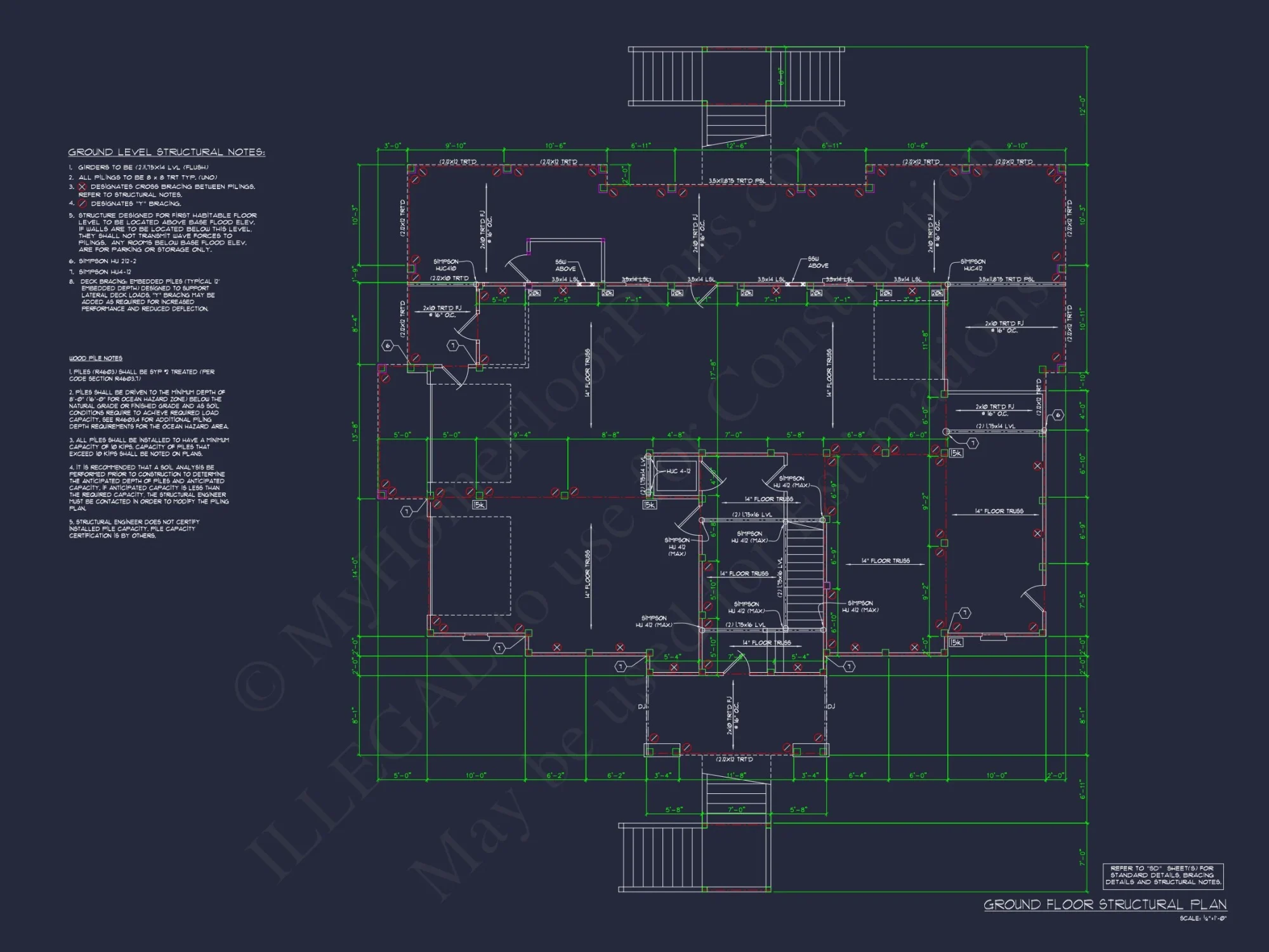 Coastal 2.5-Story house Plan: 5-Bed, 4-Bath, CAD Blueprint