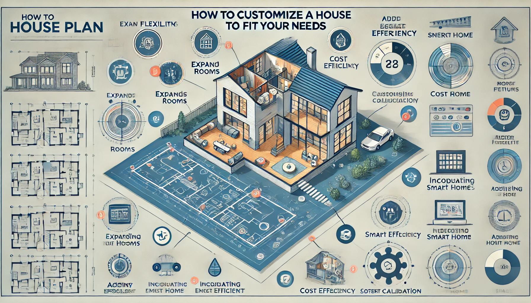 DALL%C2%B7E 2025 03 19 13.24.42 An informative infographic titled How to Customize a House Plan to Fit Your Needs. The image features a blueprint with highlighted areas for customi