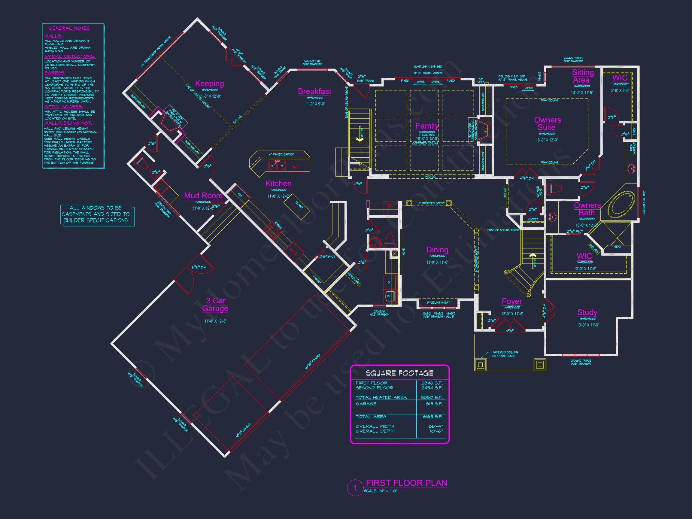 Traditional Craftsman house Plan - 4 Bed, 4 Bath, 5350 SqFt - Blueprint & CAD