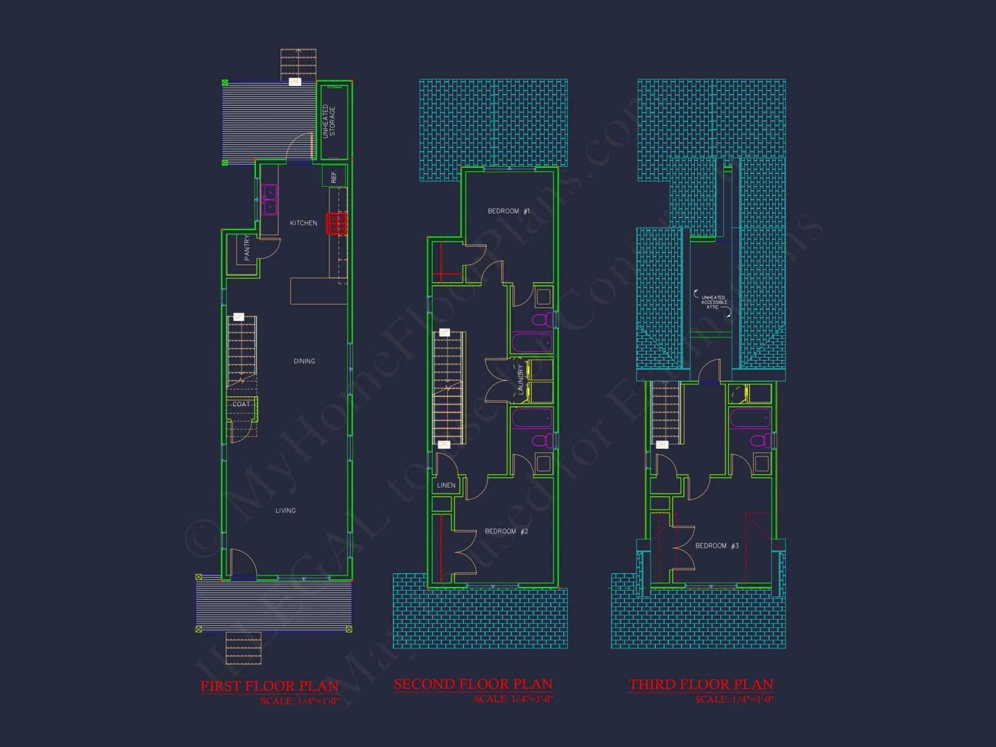 Efficient 3-Story house Floor Plan with CAD Architecture Designs