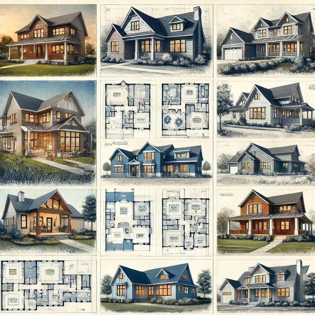 "Collage of best-selling house plans featuring modern, farmhouse, and traditional architectural styles"