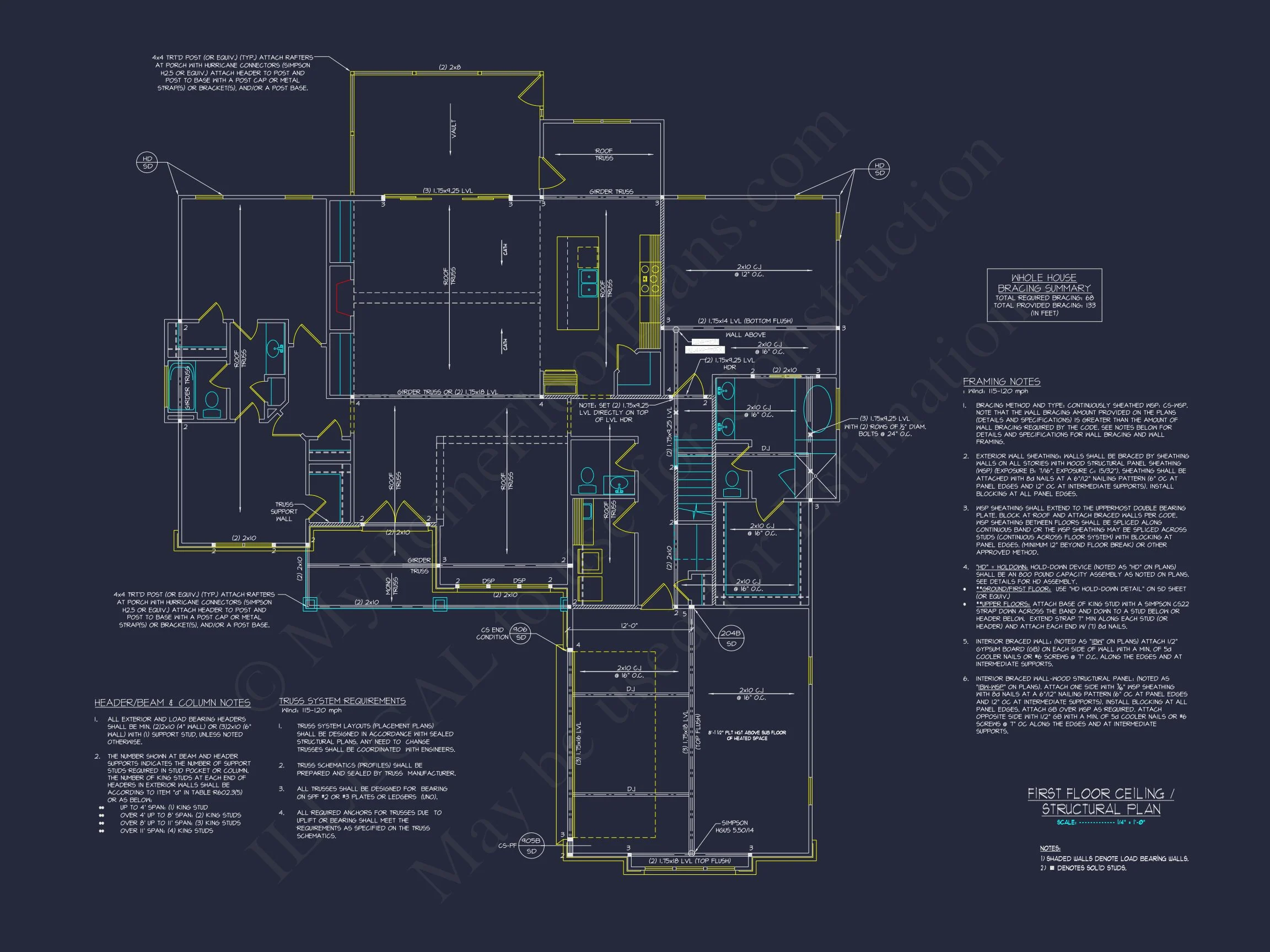 Craftsman house Floor Plan - 4 Bedrooms, 3.5 Baths, Blueprint CAD Design