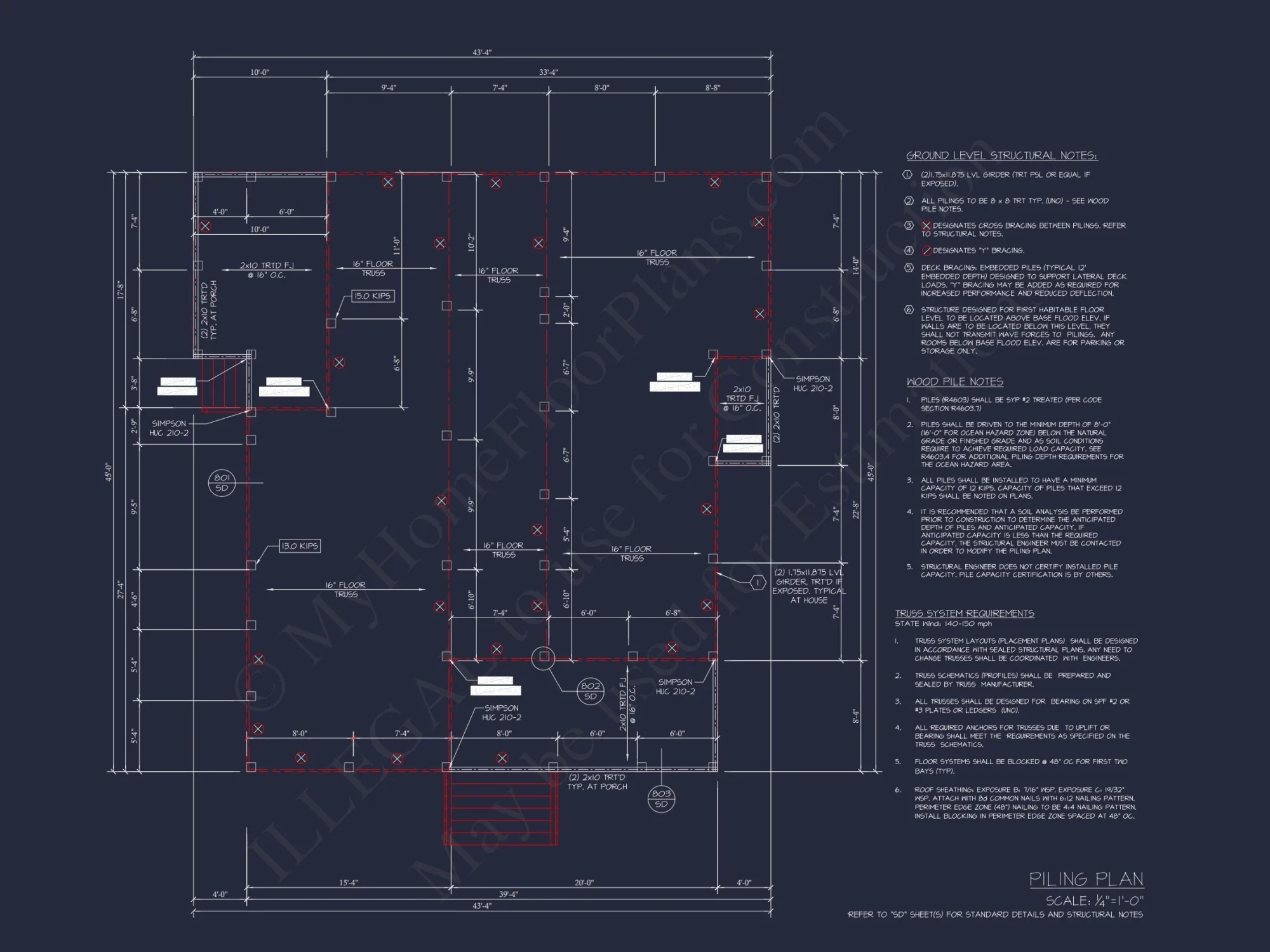Beach Cottage Floor Plan with Detached Garage and CAD Designs