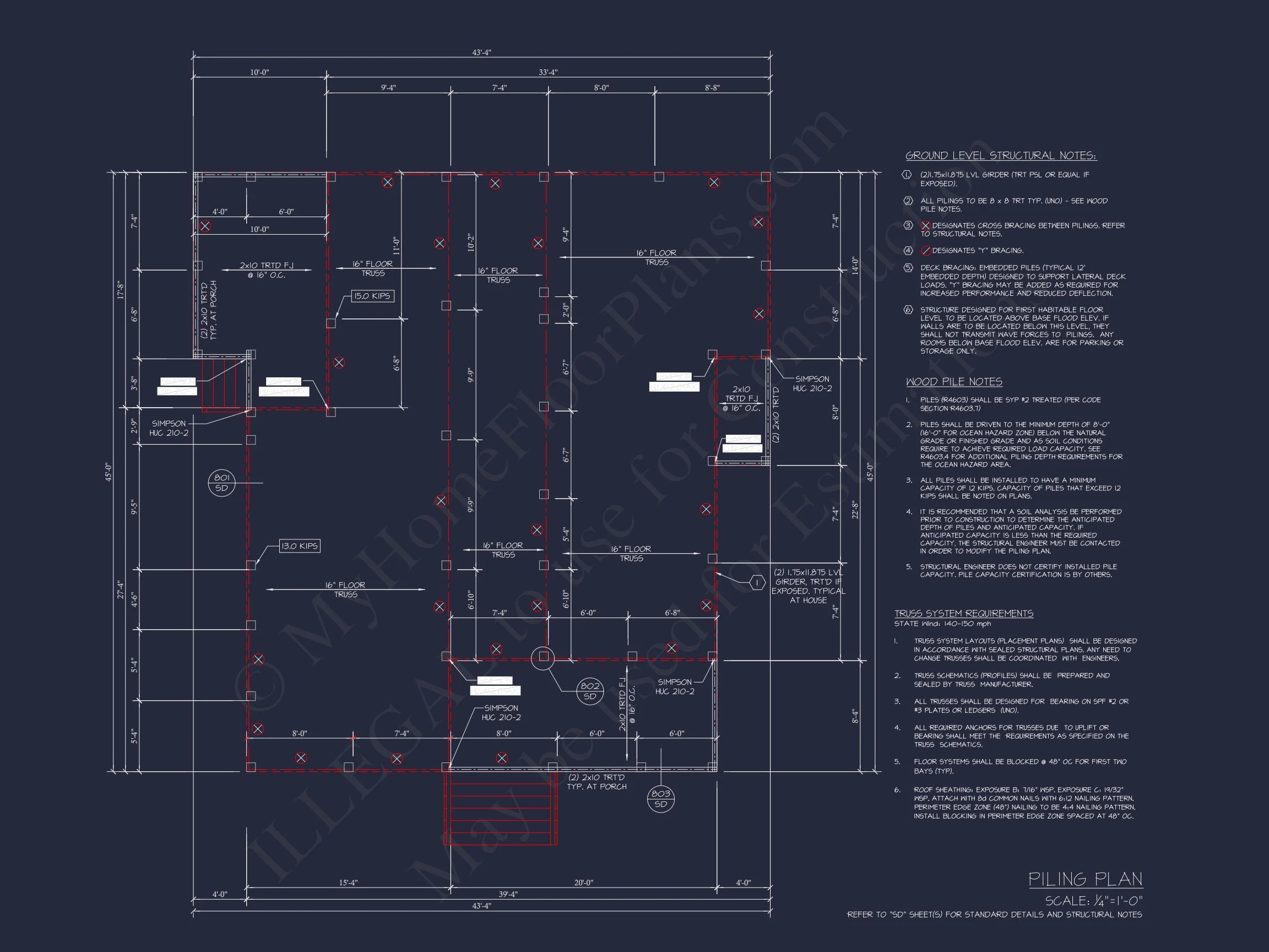 Beach Cottage Floor Plan with Detached Garage and CAD Designs