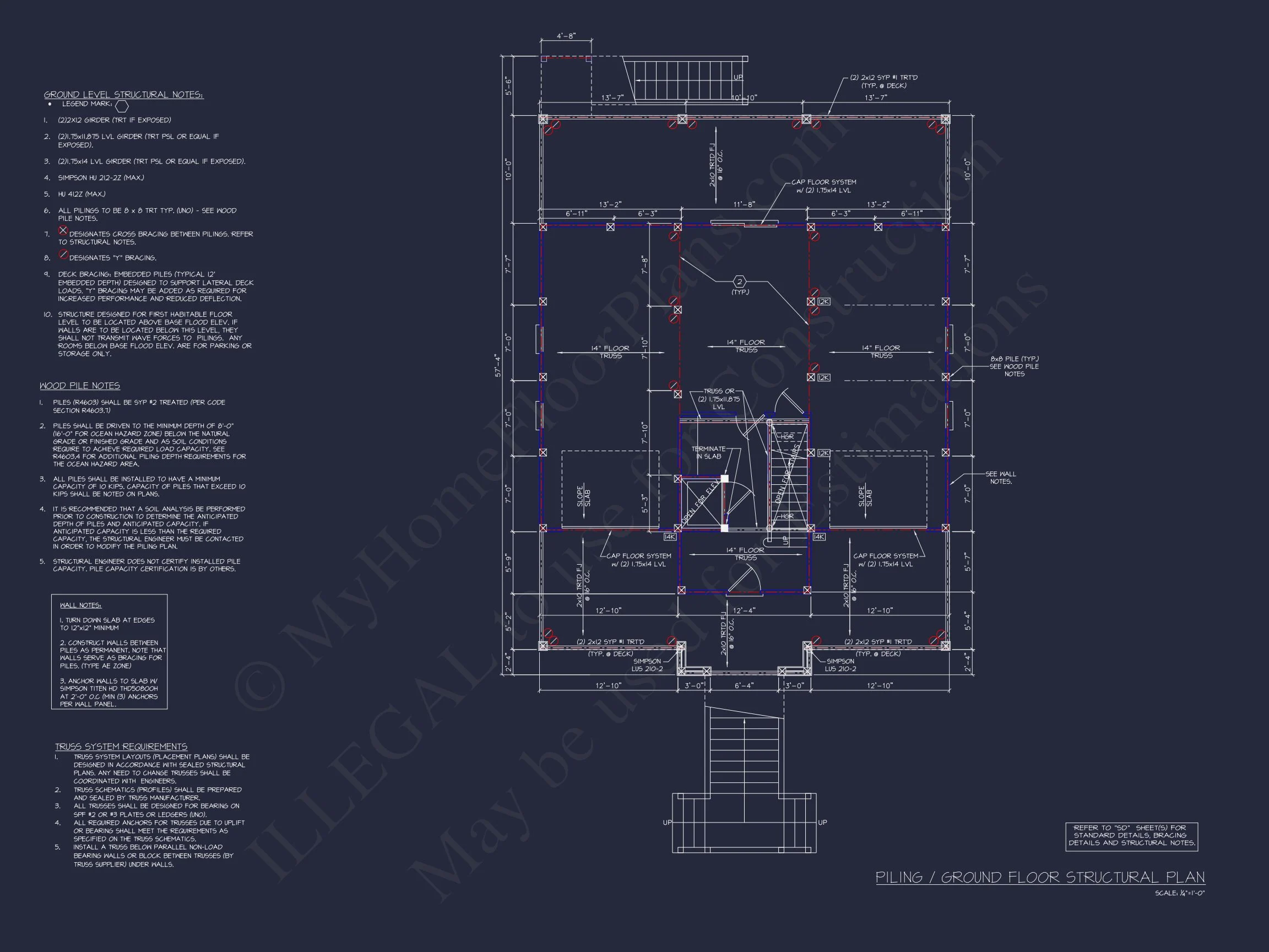 Coastal house Floor Plan: 4-Story Design with CAD Blueprint