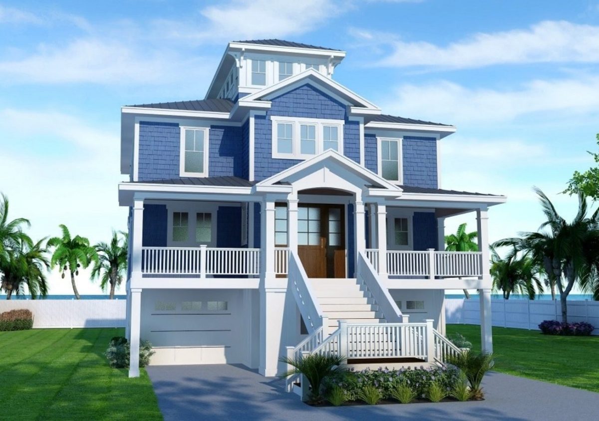 Coastal house Floor Plan: 4-Story Design with CAD Blueprint