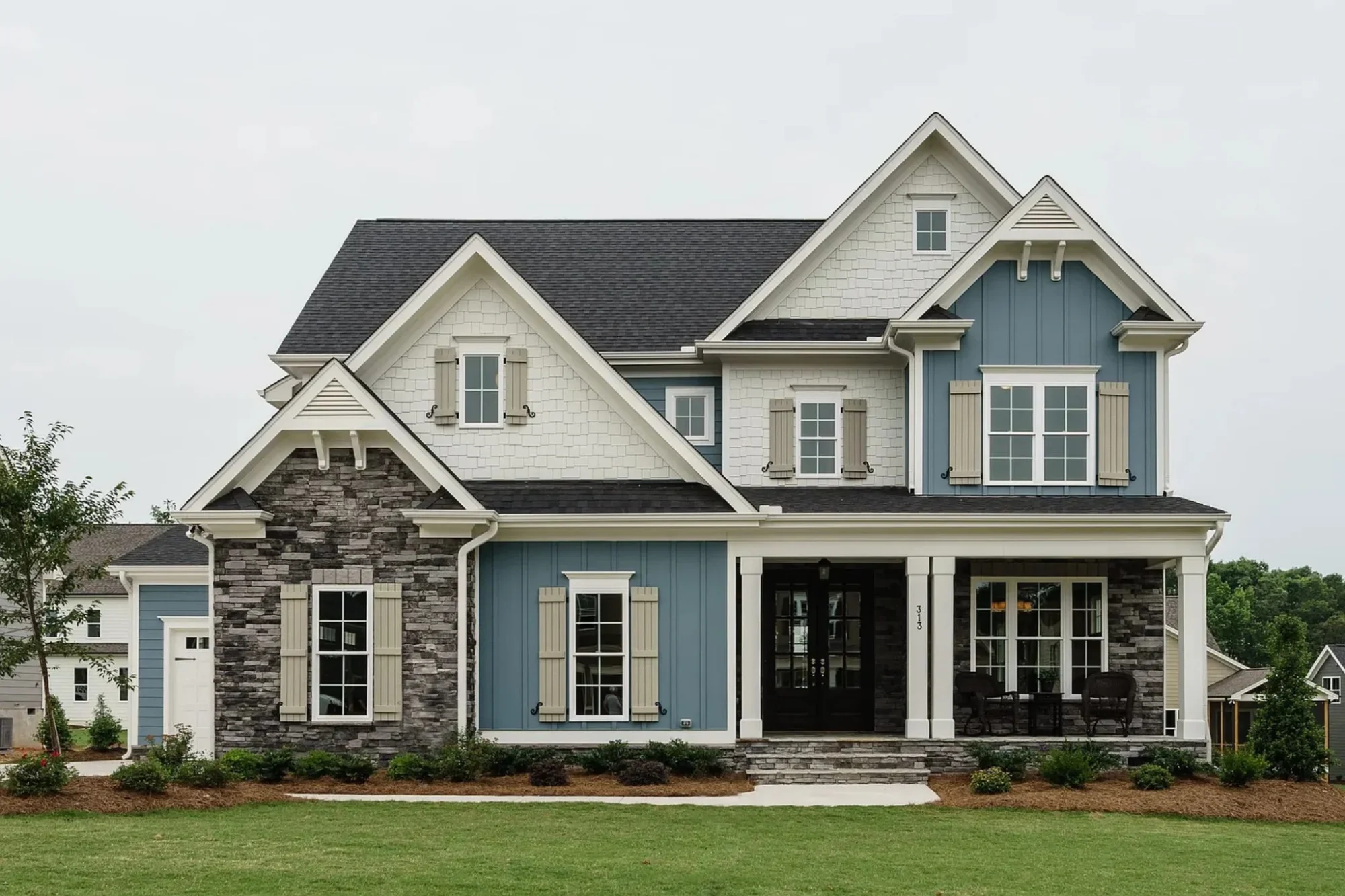 Classical House Plans 5 Front elevation of a Coastal Craftsman style home featuring shingle siding, board and batten accents, stone base, and a covered front porch