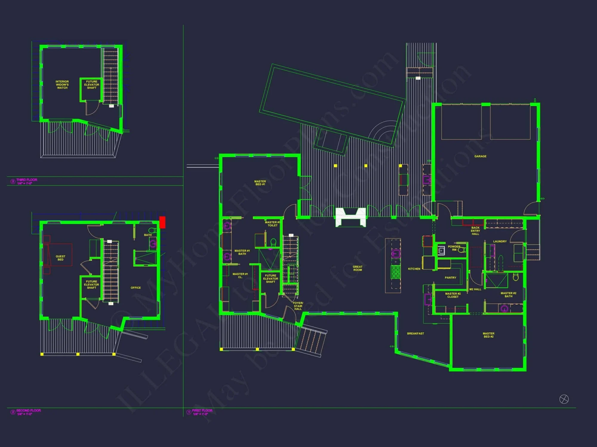 Modern Coastal house Floor Plan with 3 Stories and CAD Designs