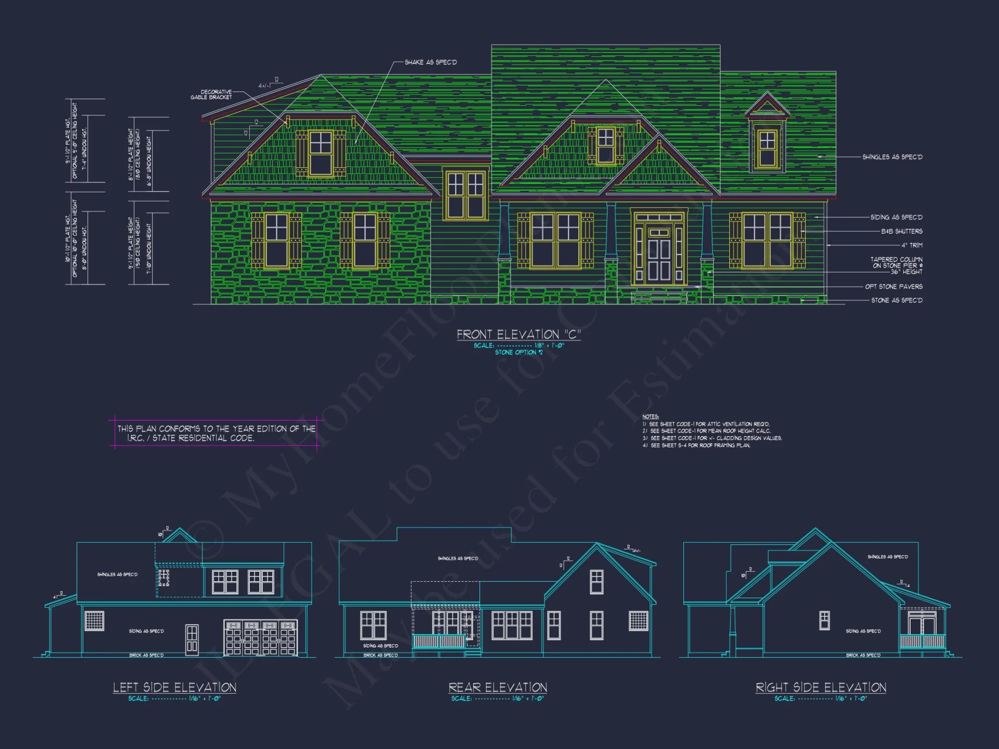 Craftsman house Plan with 4 Bedrooms, 2 Floors & 3 Elevations