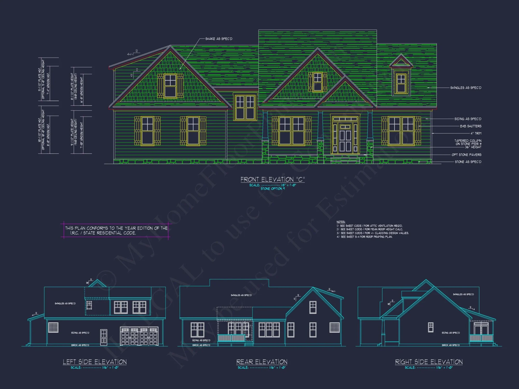 Craftsman house Plan with 4 Bedrooms, 2 Floors & 3 Elevations