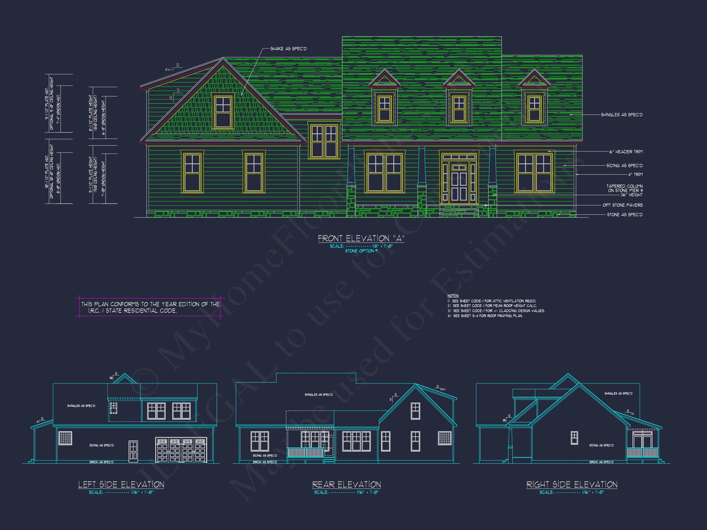 Craftsman house Plan with 4 Bedrooms, 2 Floors & 3 Elevations
