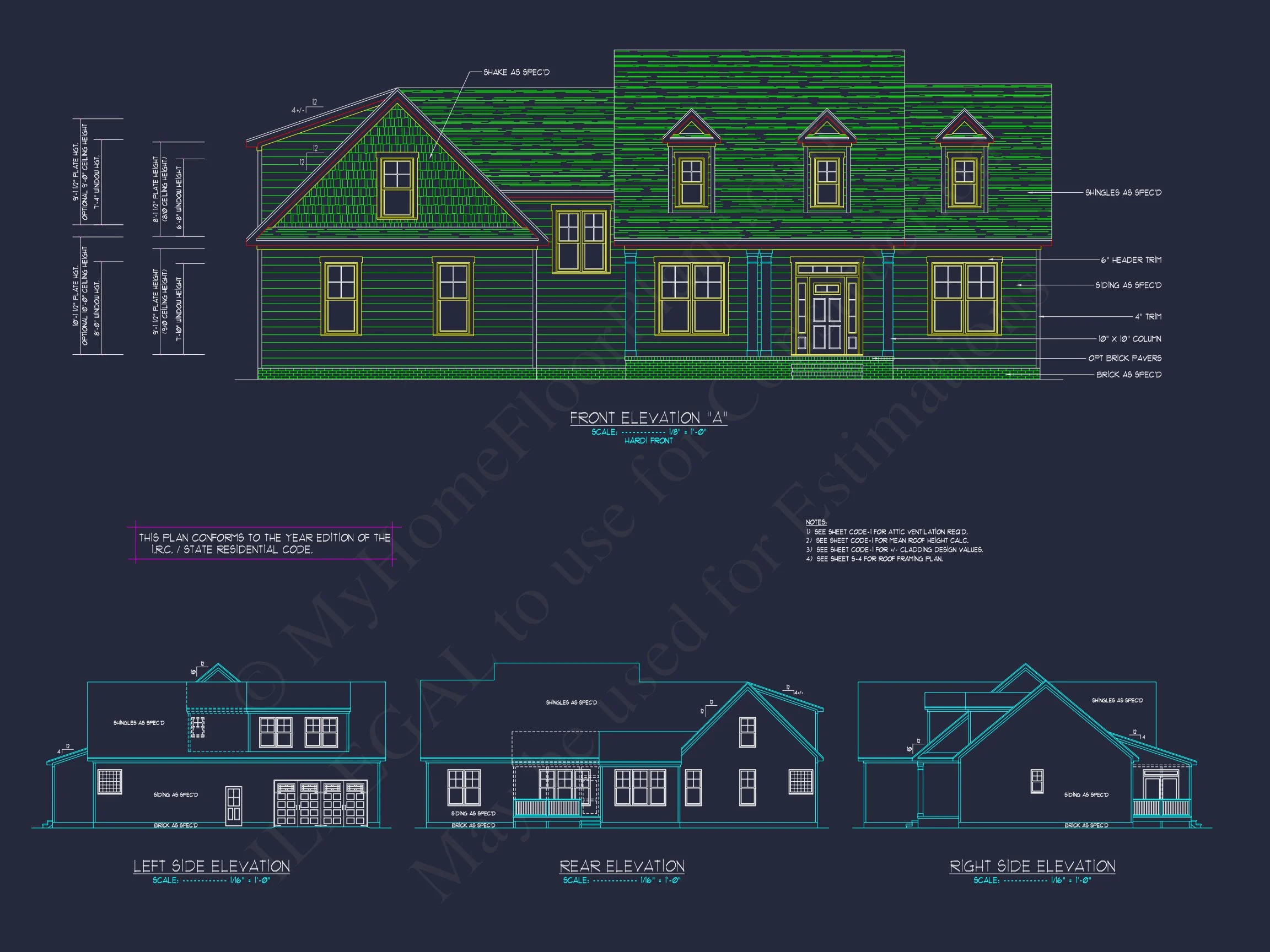 Craftsman house Plan with 4 Bedrooms, 2 Floors & 3 Elevations