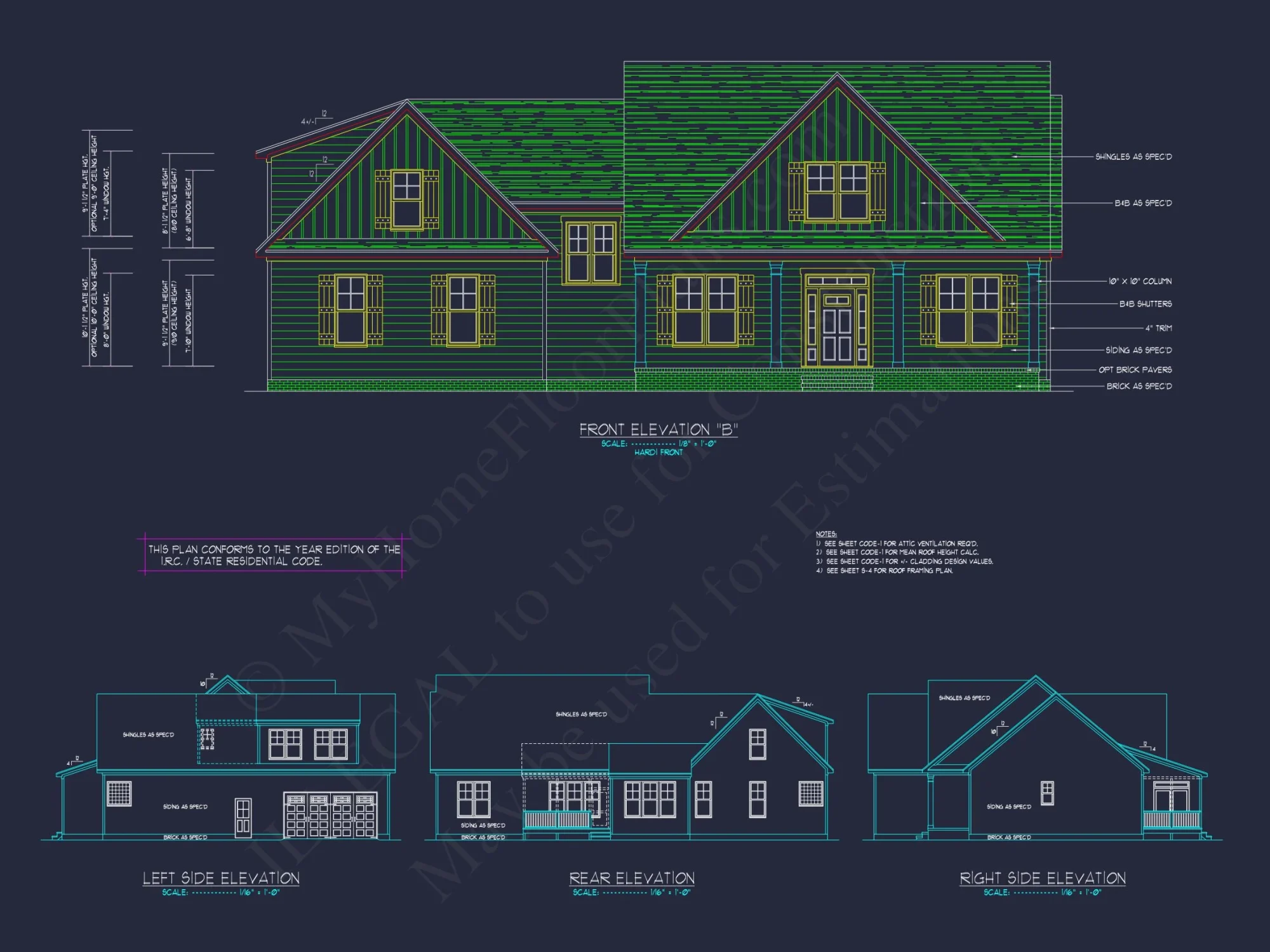 Craftsman house Plan with 4 Bedrooms, 2 Floors & 3 Elevations
