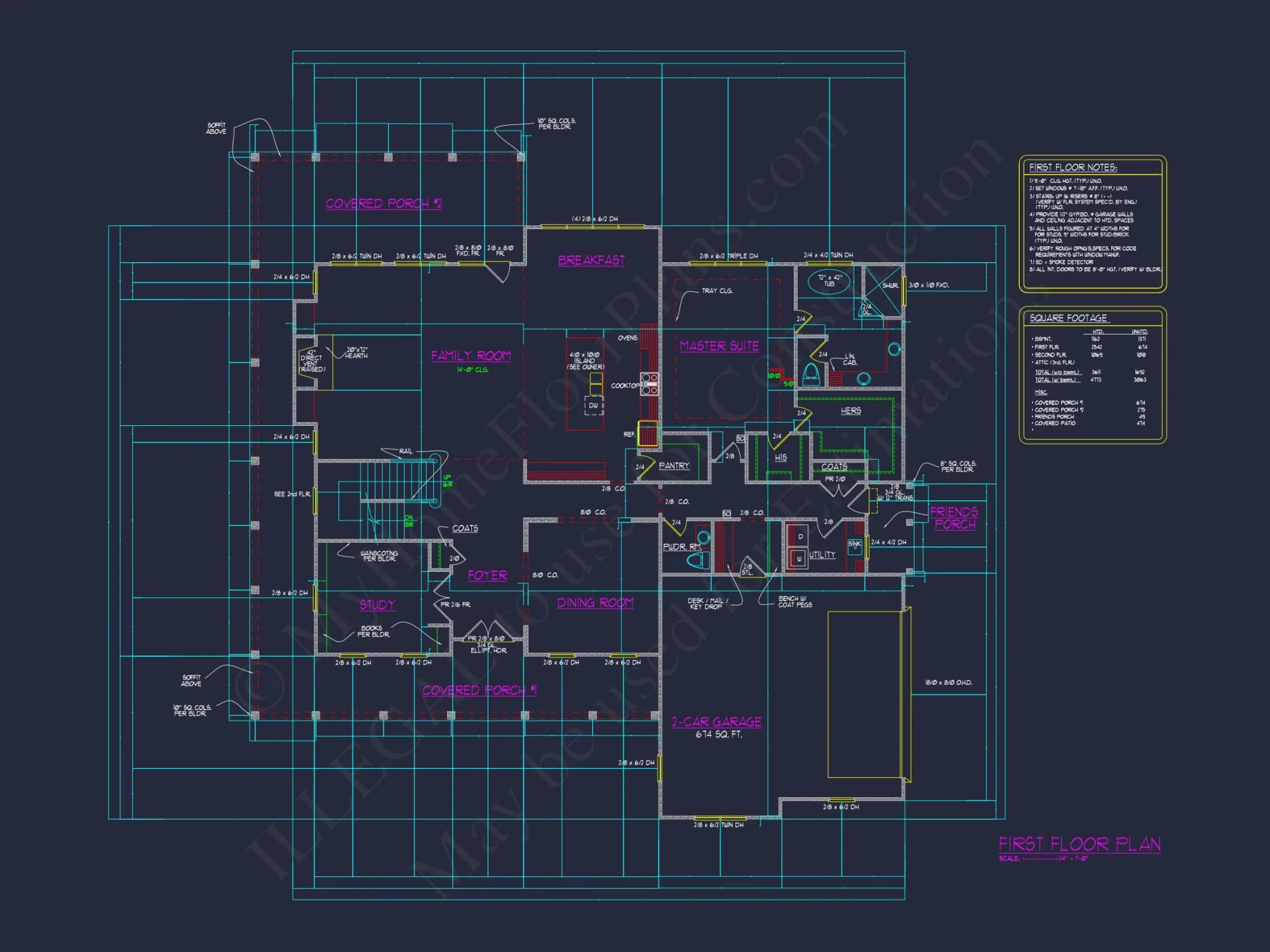 Colonial 2.5-Story house Plan: 4 Bed, 3 Bath, 2-Car Garage