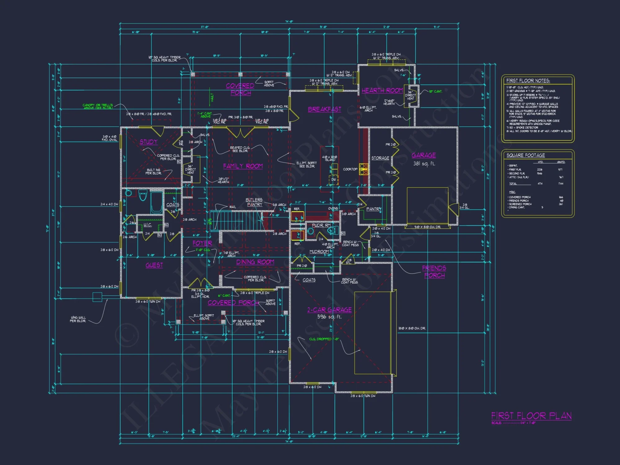 Craftsman house Plan with 2 Floors, 4 Beds & CAD Blueprints