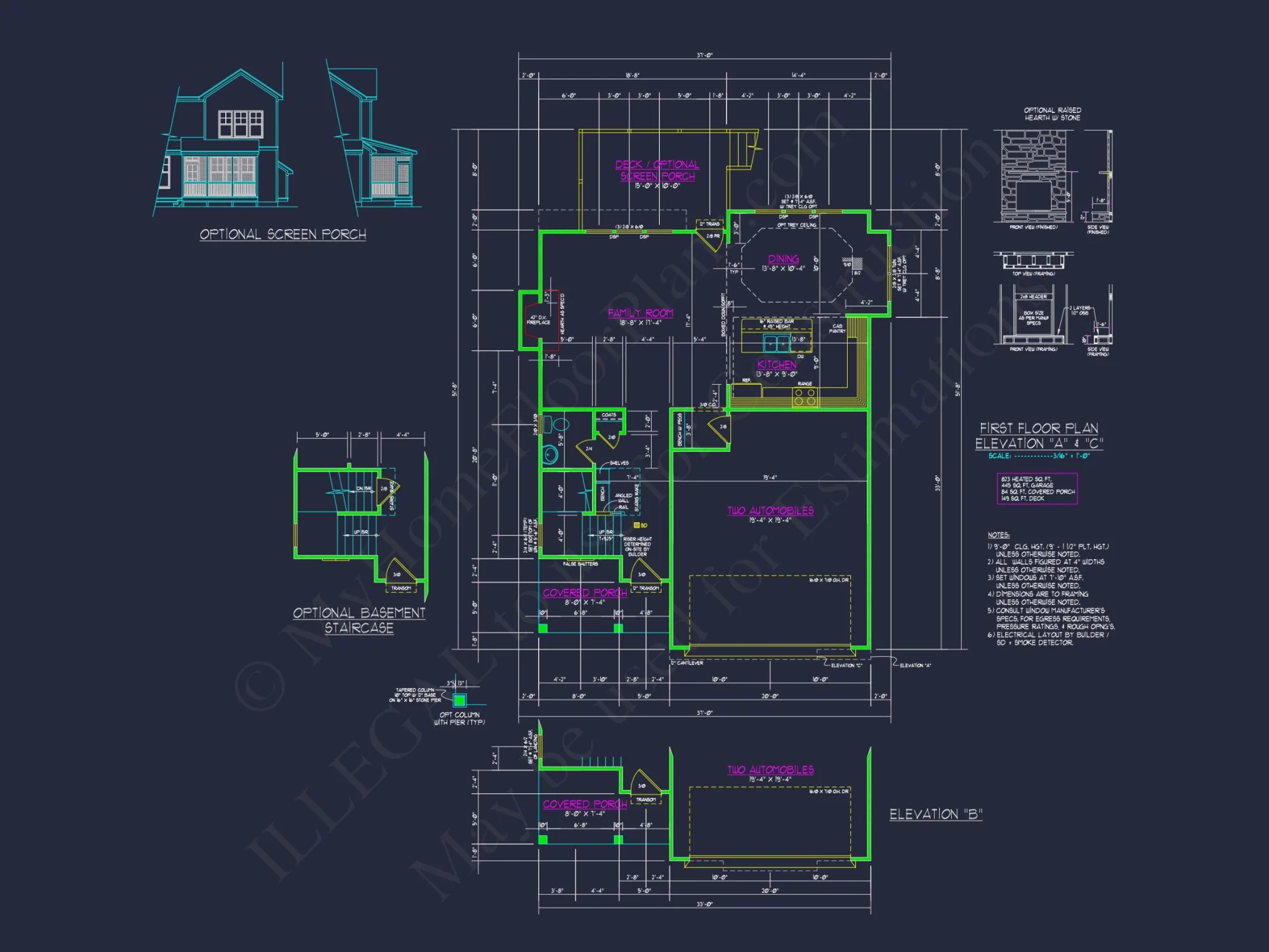 Craftsman house Floor Plan with CAD Designs and Blueprint