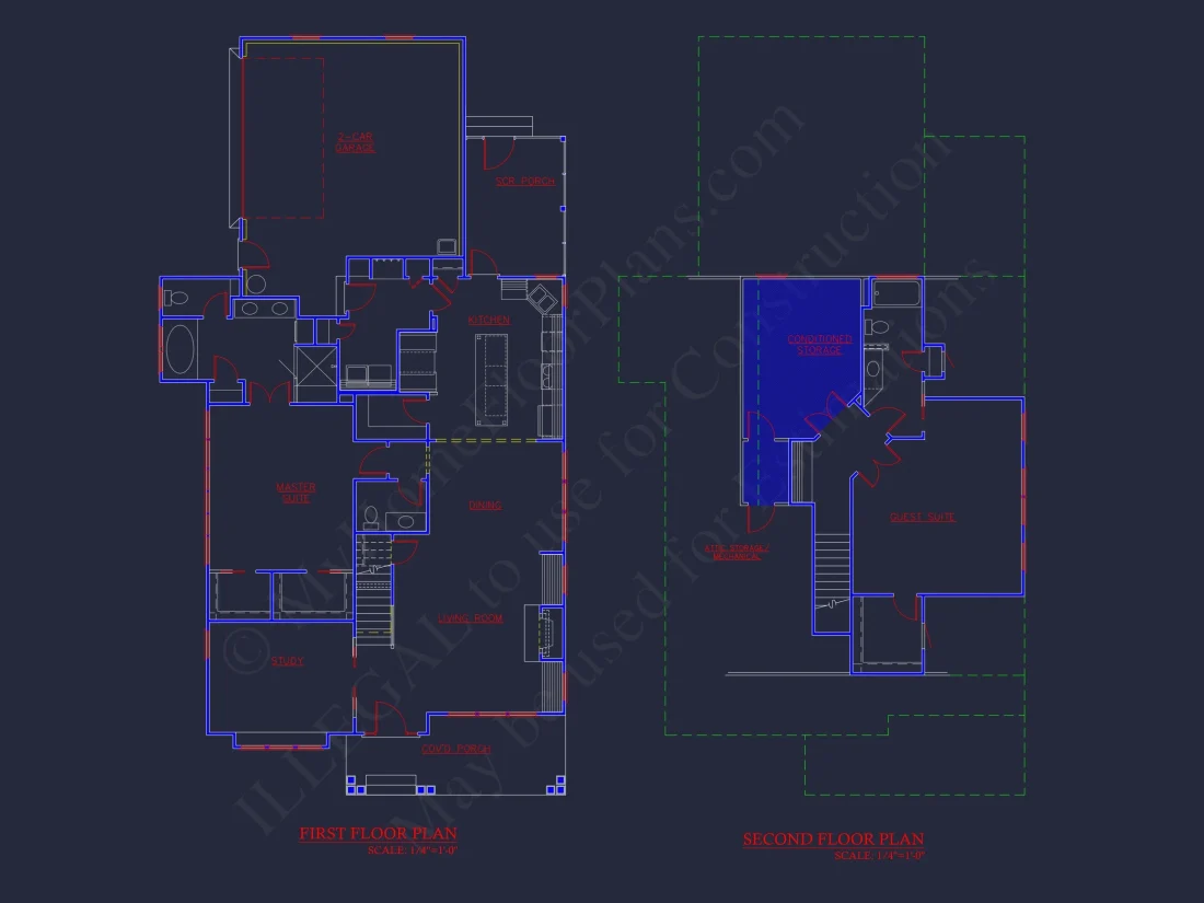 2-Floor Blueprint CAD with 3 Bedrooms