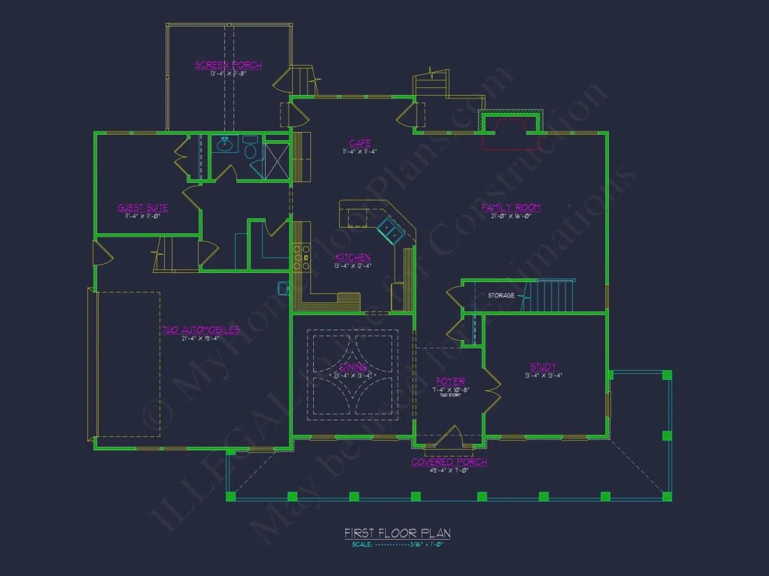 Traditional Craftsman house Floor Plan with Detailed Architecture