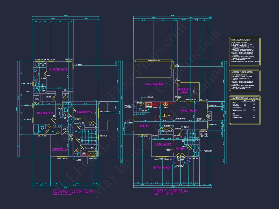 Modern 2-Story house Plan with 4 Bedrooms, CAD Floor Blueprint