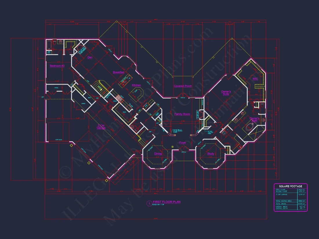 French Country house Plan - 2 Story, 3 Bed, 3 Bath Blueprint Design