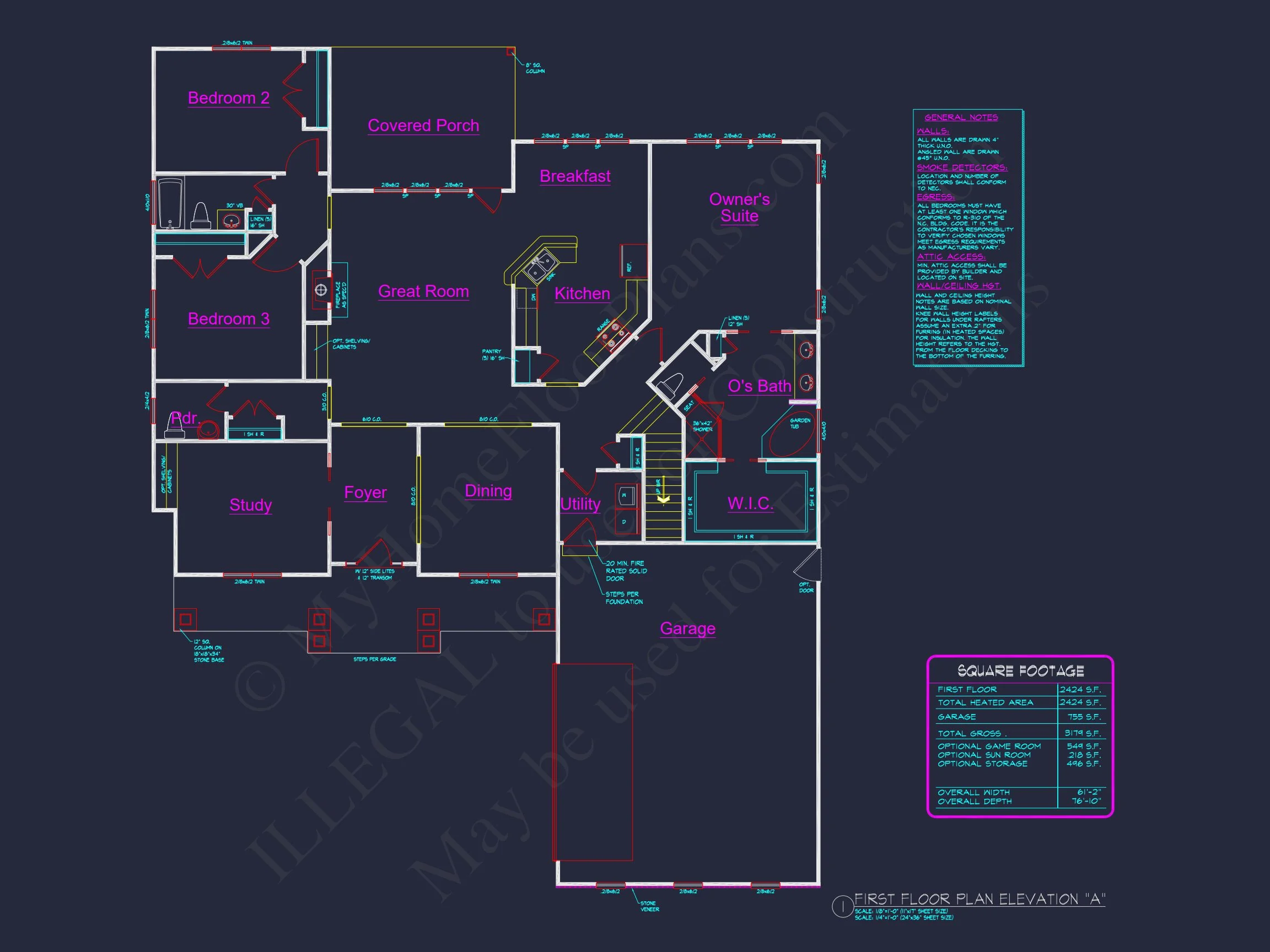 Craftsman house Floor Plan with 4 Bedrooms and 2-Car Garage