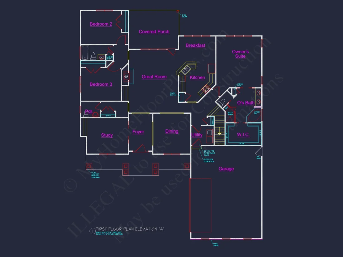 Craftsman house Floor Plan with 4 Bedrooms and 2-Car Garage