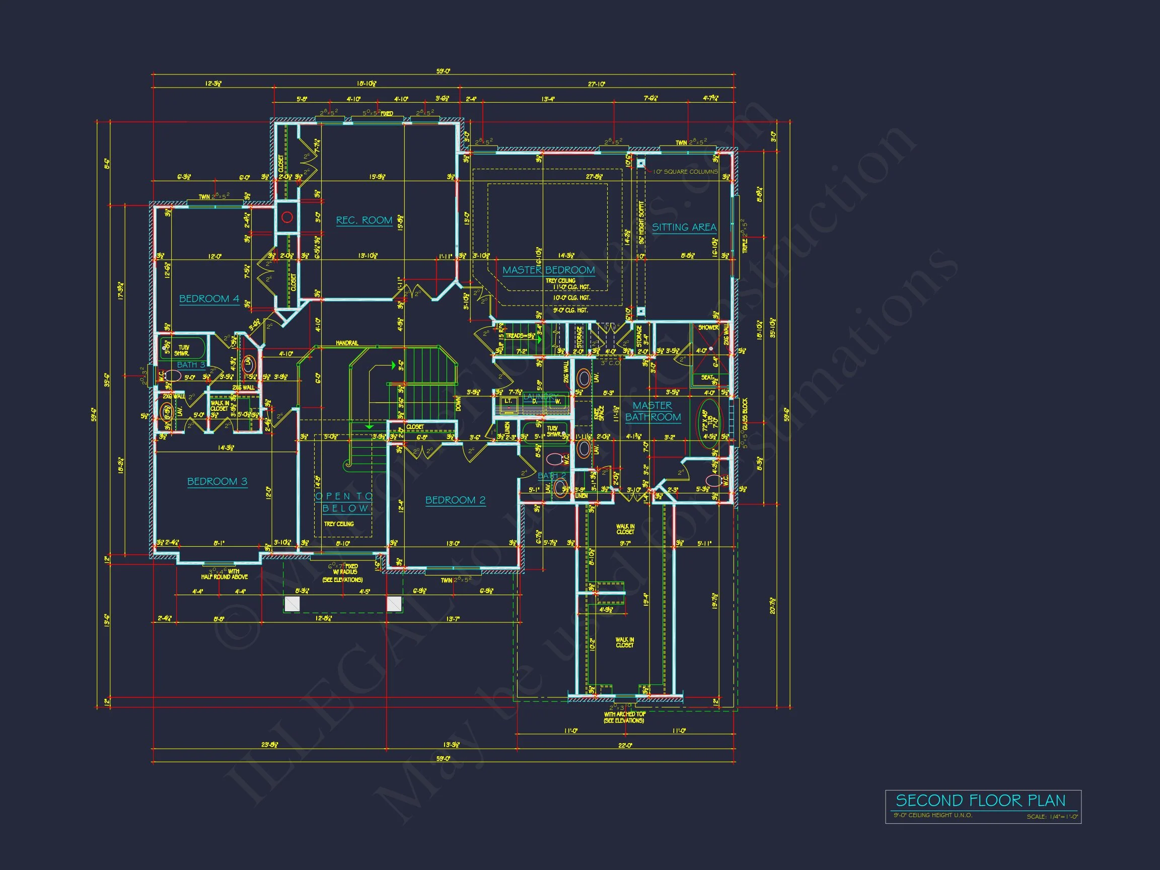 8-1461B HOUSE PLAN - Spacious House Plan - 2-Story CAD Design with 4 Bedrooms 12 Spacious house Plan - 59'x59'6" 2-Story CAD Design with 4 Bedrooms