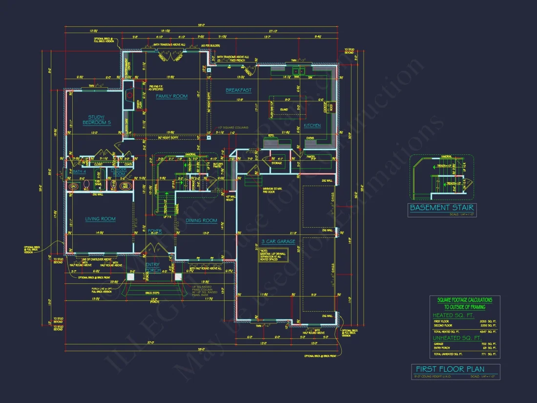 Spacious house Plan - 59'x59'6" 2-Story CAD Design with 4 Bedrooms