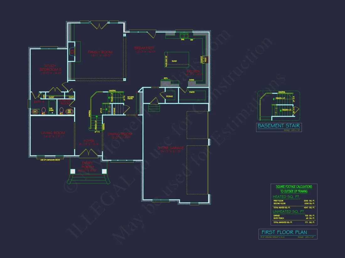 Spacious house Plan - 59'x59'6" 2-Story CAD Design with 4 Bedrooms